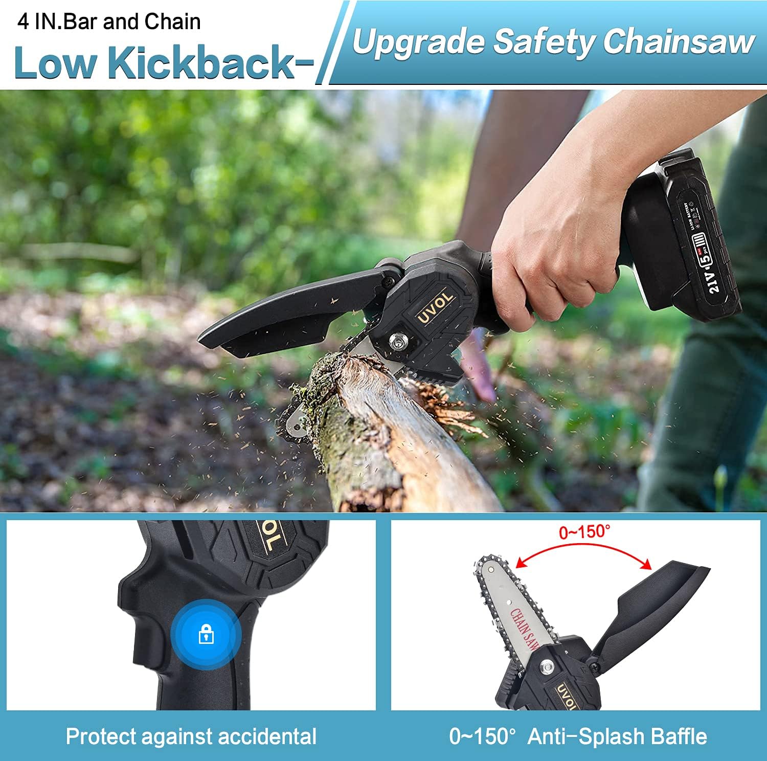 Mini Chainsaw Cordless with battery, 4-Inch Electric Mini ChainSaw with Replacement Chain & Safety Lock and Pure Copper Motor, One-Handed Portable Chainsaw for Women, Elder, Man