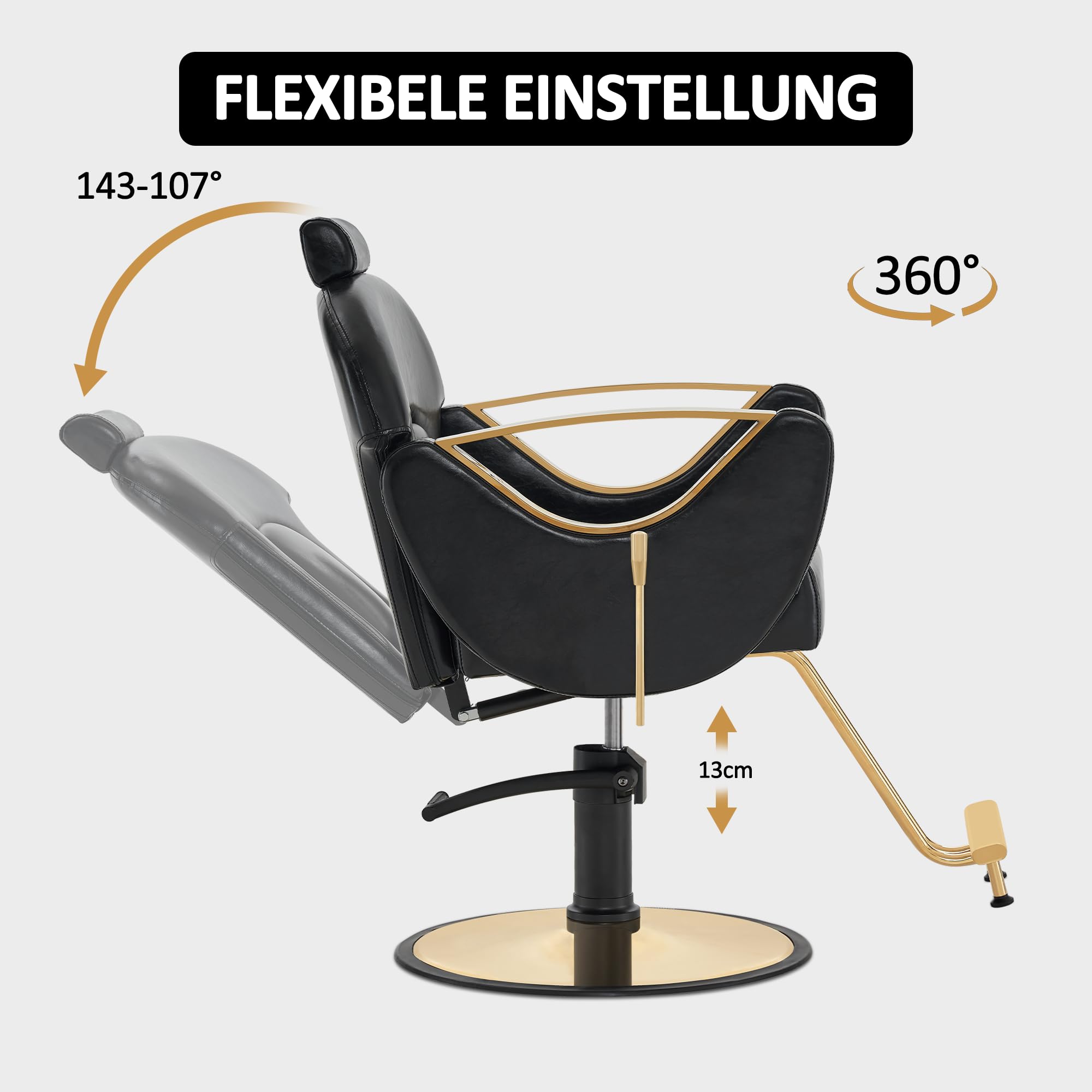 Barberpub Friseurstuhl mit Kopfstütze, Friseursessel Höhenverstellbar & 360°Drehbar, Friseureinrichtung Kippbar, Bedienungsstuhl Hydraulisch Kunstleder, 9578 (Gold-Schwarz)