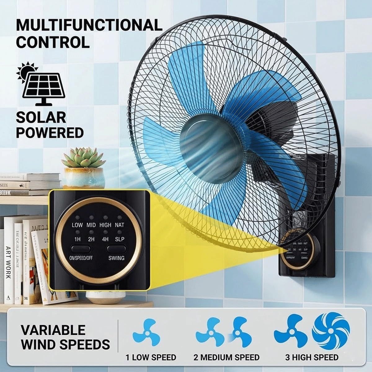 Genérico Ventilador Oscilante de Pared de 40cm para Patios, Ventilador Solar con 5 Aspas, 3 Velocidades, Ventiladores Solares para Exteriores para el Hogar, Invernadero, Garaje, Dormitorio, Camping.
