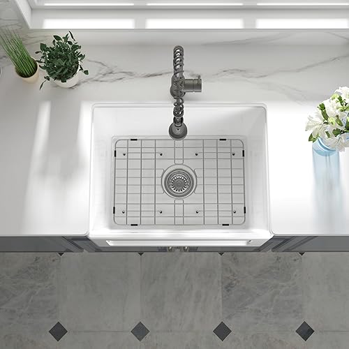 Miniatura 7 de Fregadero de cocina de cerámica de 24 pulgadas, fregadero frontal reversible blanco con delantal, fregadero de cocina de un solo tazón con rejilla