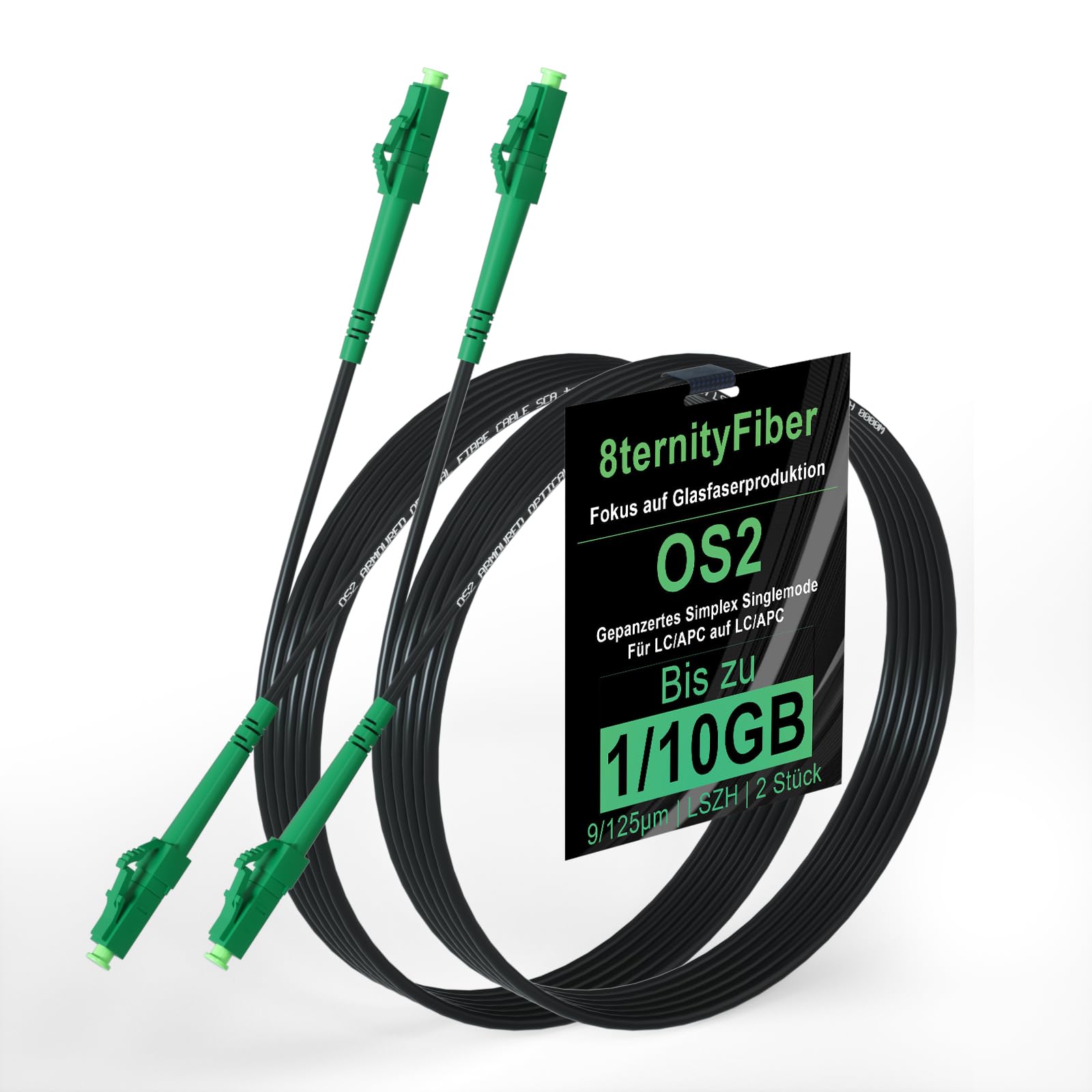 8ternityFiber OS2 Gepanzertes Glasfaserkabel LC/APC auf LC/APC 3 m/10 ft, LWL Kabel Simplex Singlemode 9/125 μm für Außeneinsatz, Längenoptionen: 1 m-50 m, OD: 3 mm LSZH Schwarz-2 Stück