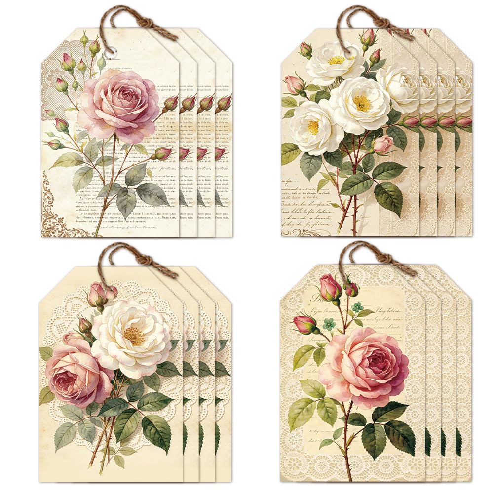 CRAFTYMELODY 80Pcs Vintage Rose Thank You Tags 4 Style Handmade Craft Gift Tags with String Hanging Labels Name Tags 2×3 Inch for Party Wedding Birthday Party DIY Gift Crafts Favor Decor — image 1