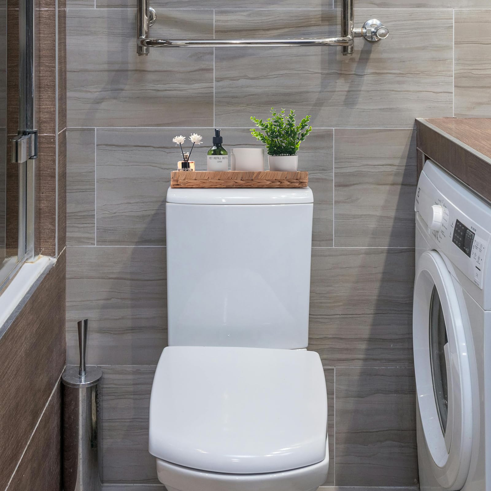 Vassoio Bagno Portaoggetti Rettangolare per Organizzare Giacinto d'acqua Cesto Vimini del Toilette Lungo Stretto Porta Asciugamani Ospiti (Naturale 41,5 x 15,5 x 5cm)