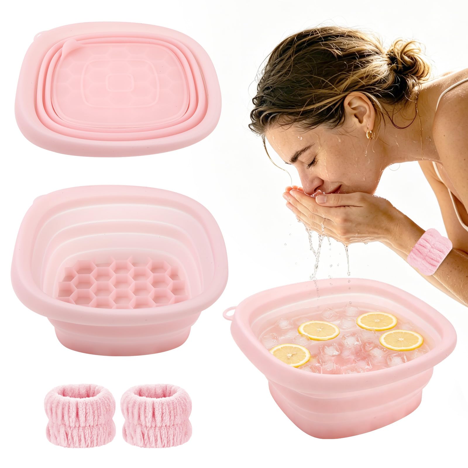 GEEKHOM Silicone Ice Bowl for Face: Quick Cooling Collapsible Wash Basin, Perfect for Facial Ice Care & Skin Repair, Portable for Home, Travel, Camping and Outdoor Activities (Pink)