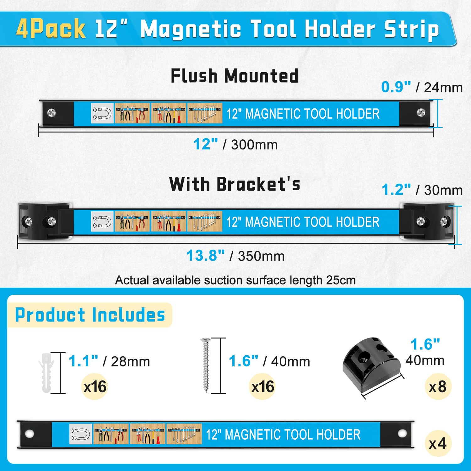 Portautensili magnetici da 12", set di 4 strisce magnetiche da 30 cm, strisce magnetiche resistenti per utensili, per garage, banco da lavoro, cacciaviti
