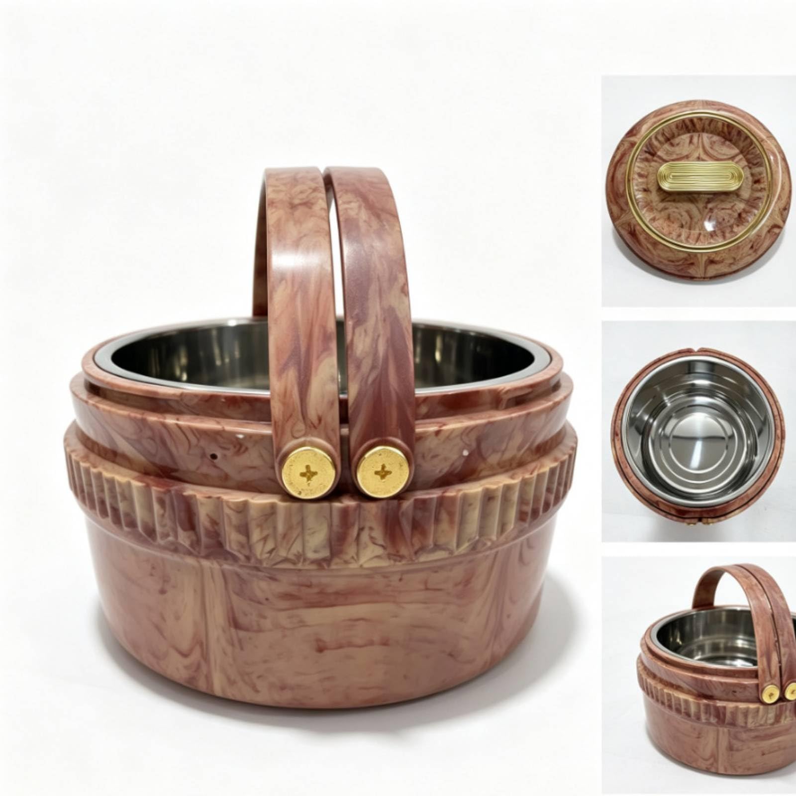 Gralara 3 Stück Isolierbehälter mit Deckel tragbar Thermotransportbehälter mit Tragegriffen wärmeisolierend Edelstahl-Thermobehälter für Unterwegs, Blau Mit Goldmuster, Blau Mit Goldmuster