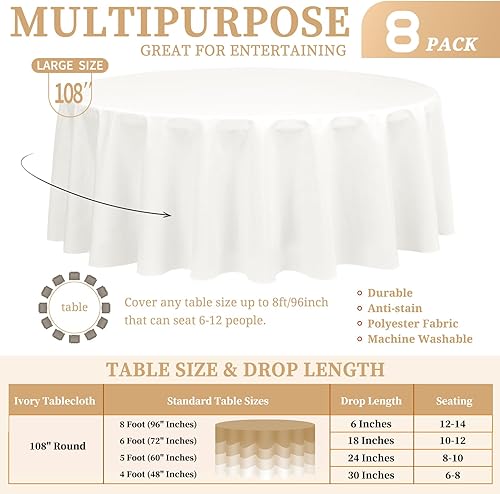 Miniatura 797 de Paquete de 8 manteles redondos blancos de 90 pulgadas, manteles redondos de poliéster lavables para mesa de tela decorativa resistente a