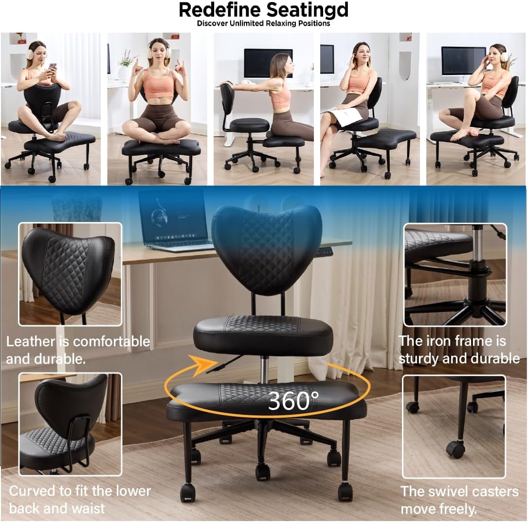 Upgraded Black PU Leather Meditation Chair, Ergonomic Cross Legged Swivel Chair with Lumbar Support, Adjustable Height & Wheels for Home Office & Study