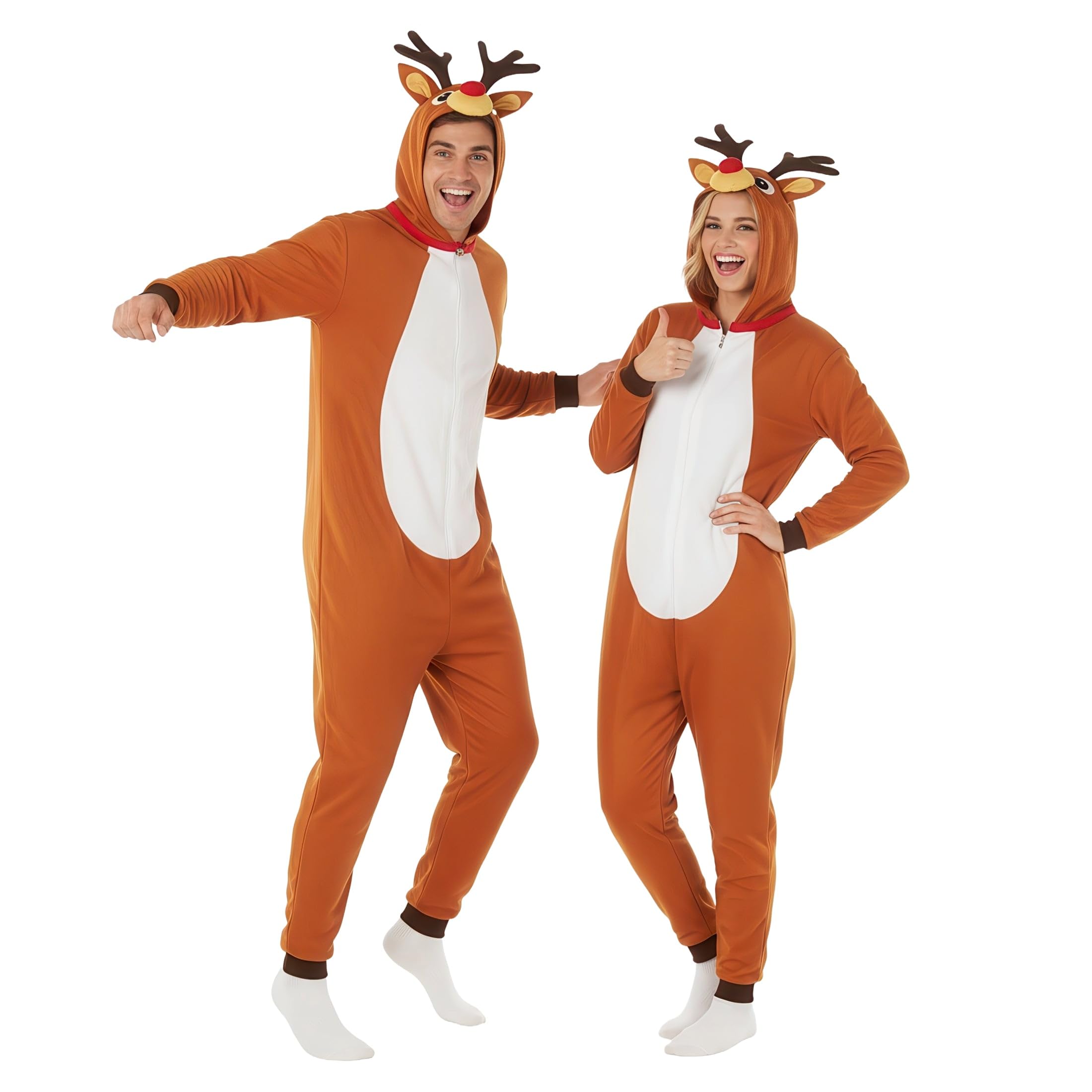 Morph Costume Renna Adulto, Tuta Halloween Uomo | Tuta con Cappuccio, Corna & Naso Rosso, Copriscarpe a Zoccolo, Perfetto per Halloween, Ideale per Travestirsi