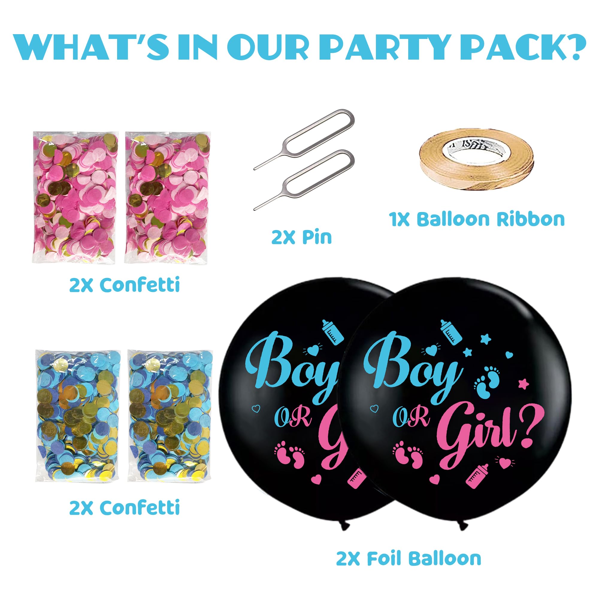 Soireeparty Gender Reveal Confetti Balloons, 2 Pieces Large 36 Inch Black Latex Balloon with Pink Blue Confetti - Image 2
