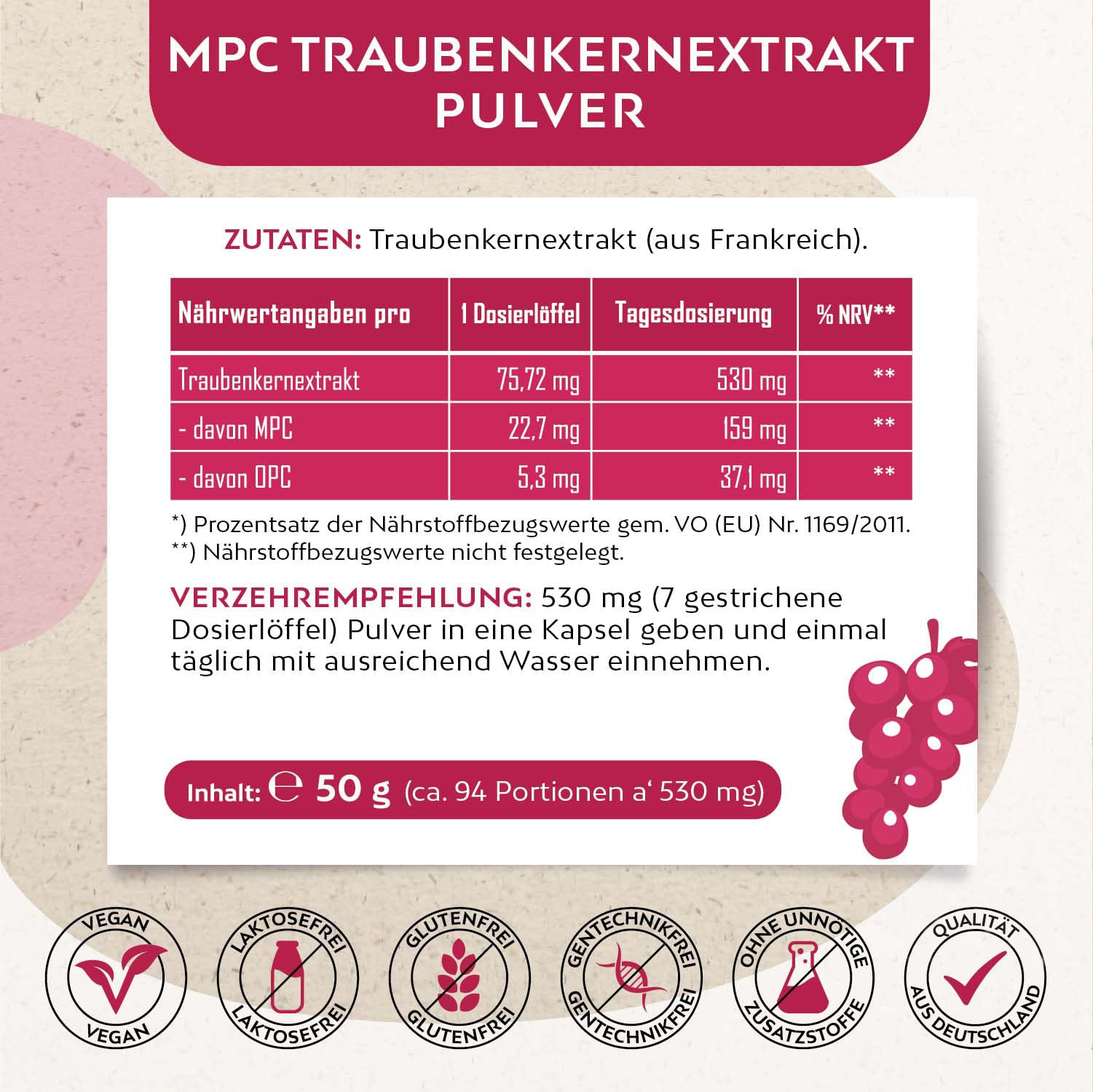 MPC Traubenkernextrakt Pulver I 50 g im Glas I Vegan I bis zu 44-mal bioverfügbarer als OPC Traubenkernextrakt I Hochdosiert I Qualität aus der Champagne in Frankreich I Ohne Zusatzstoffe