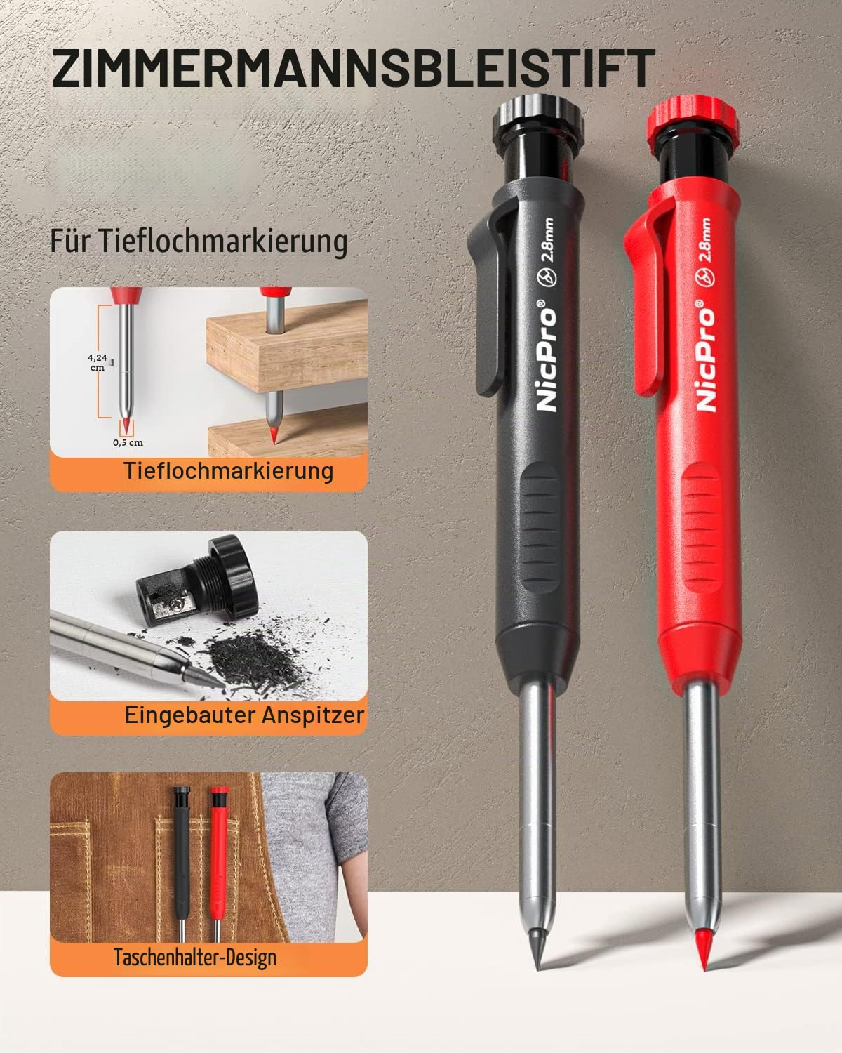 Nicpro 15 Stück Tischler Bleistifte Set mit Anspitzer, Mechanische Zimmermannsbleistifte mit 40 Minen, Automatisches Körner und Hartmetall Anreißwerkzeug, Robuster Baubleistift mit Etui