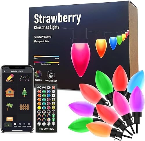 Luces de Navidad dinámicas C9 de cerámica para exteriores, RGB, 33 pies, 50 luces LED inteligentes de Navidad, efectos de persecución de bricolaje,