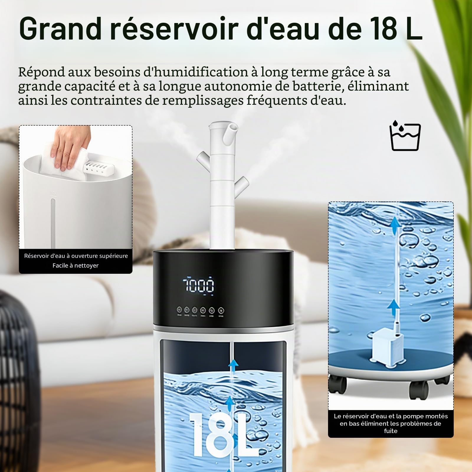 Humidificateur d'Air Chambre 18L, Diffuseur Huiles Essentielles Intelligent pour Chambres Humidifier Chaud/Froid pour Pièces Jusqu'à 200m² et Plantes et Usage Commercial