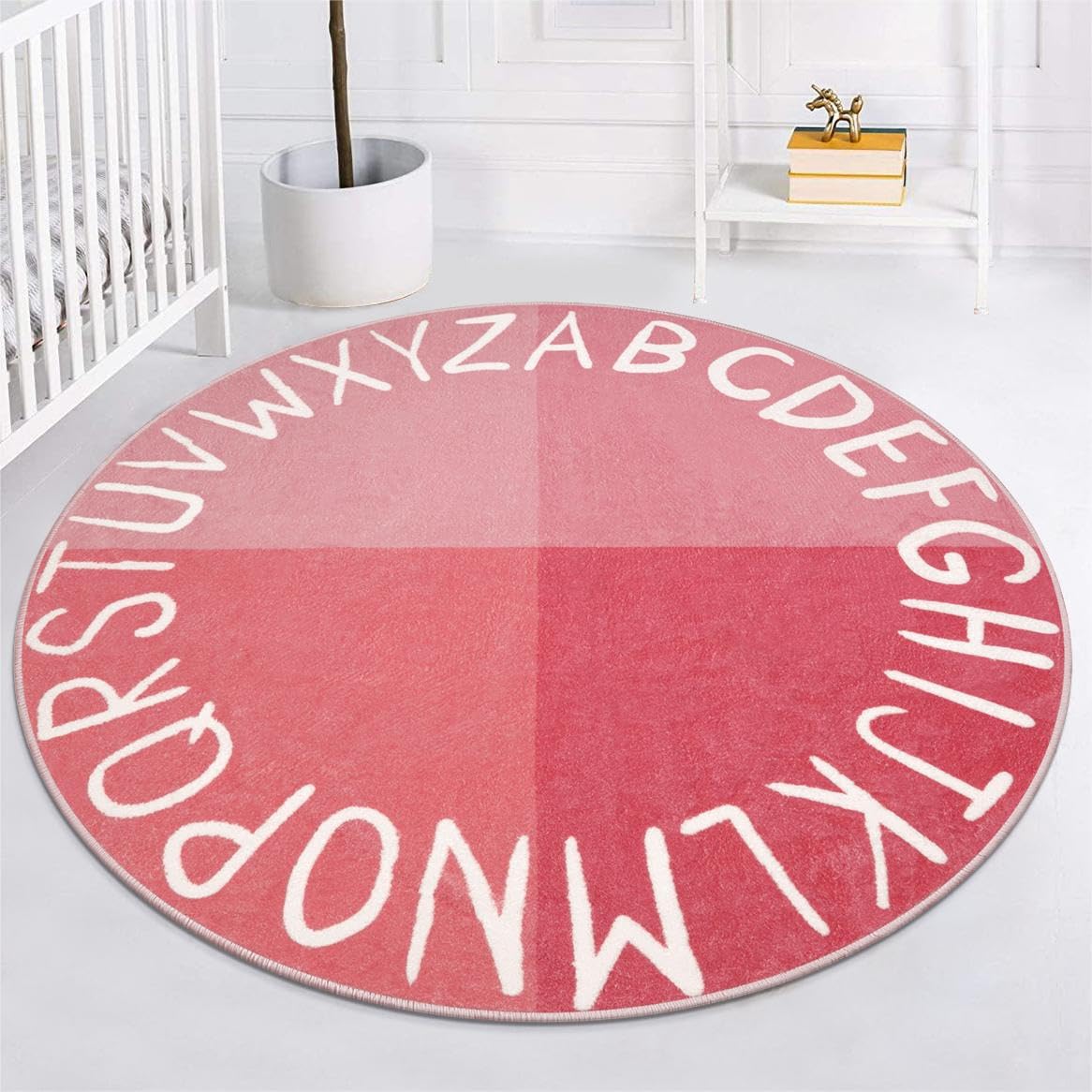 LIVEBOX ABC Pink Round Kids Rug for Girls Bedroom, Circle Nursery Area Rug Princess Washable Rug for Playroom, Non-Slip Crawling Play Mat Alphabet Learning Carpet for Teen Dorm (59