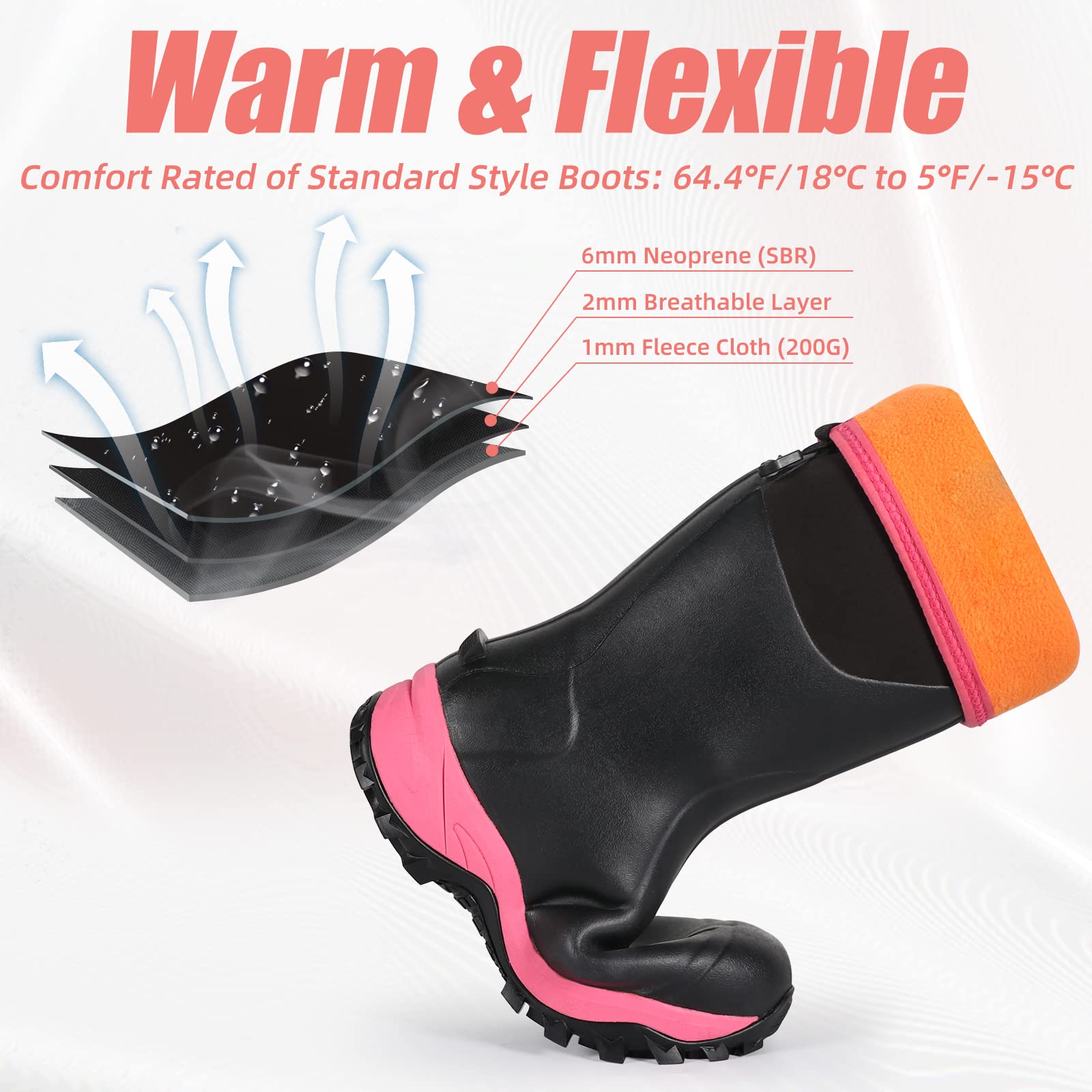 DRYCODE Rubber Boots for Women with Steel Shank, 6mm Neoprene Warm Waterproof Rain Boots, Outdoor Mud Work Hunting Boots for Womens Gardening, Farming, Water Fishing, Snow