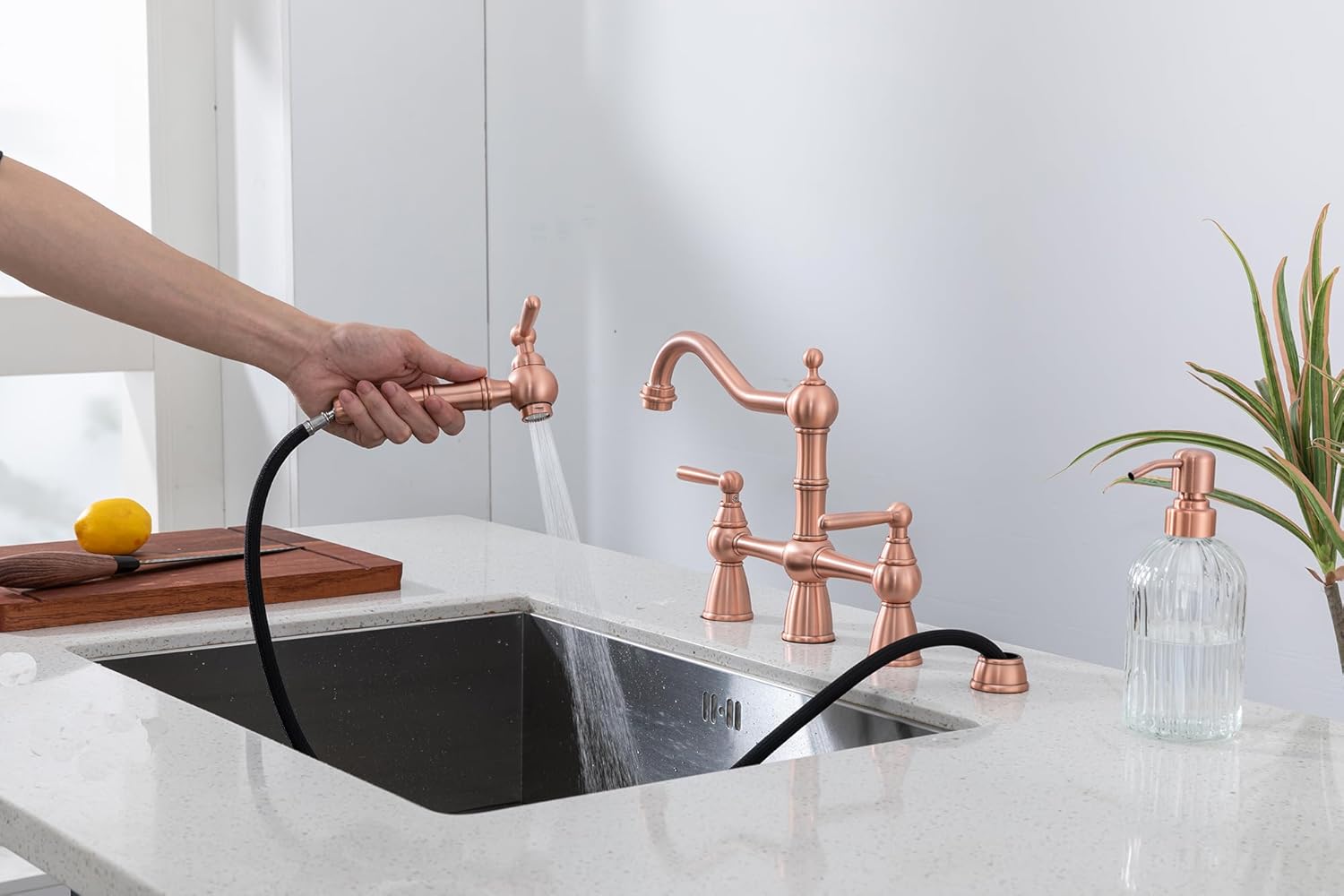 Avola Solid Brass Copper Bridge Kitchen Faucet with Pull Down Sprayer,2 Handles 4 Holes Antique Classic Bridge Kitchen Faucets with Side Sprayer,Copper Farmhouse Kitchen Faucet