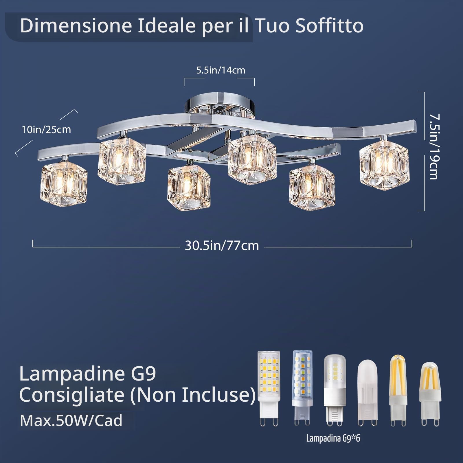 BESTIER Lampadario moderno elegante in vetro cristallo Lampadario a 6 luci Cromo Montaggio semi-filo Apparecchio di illuminazione Lunghezza 77 x Larghezza 25 cm x Altezza 19 cm
