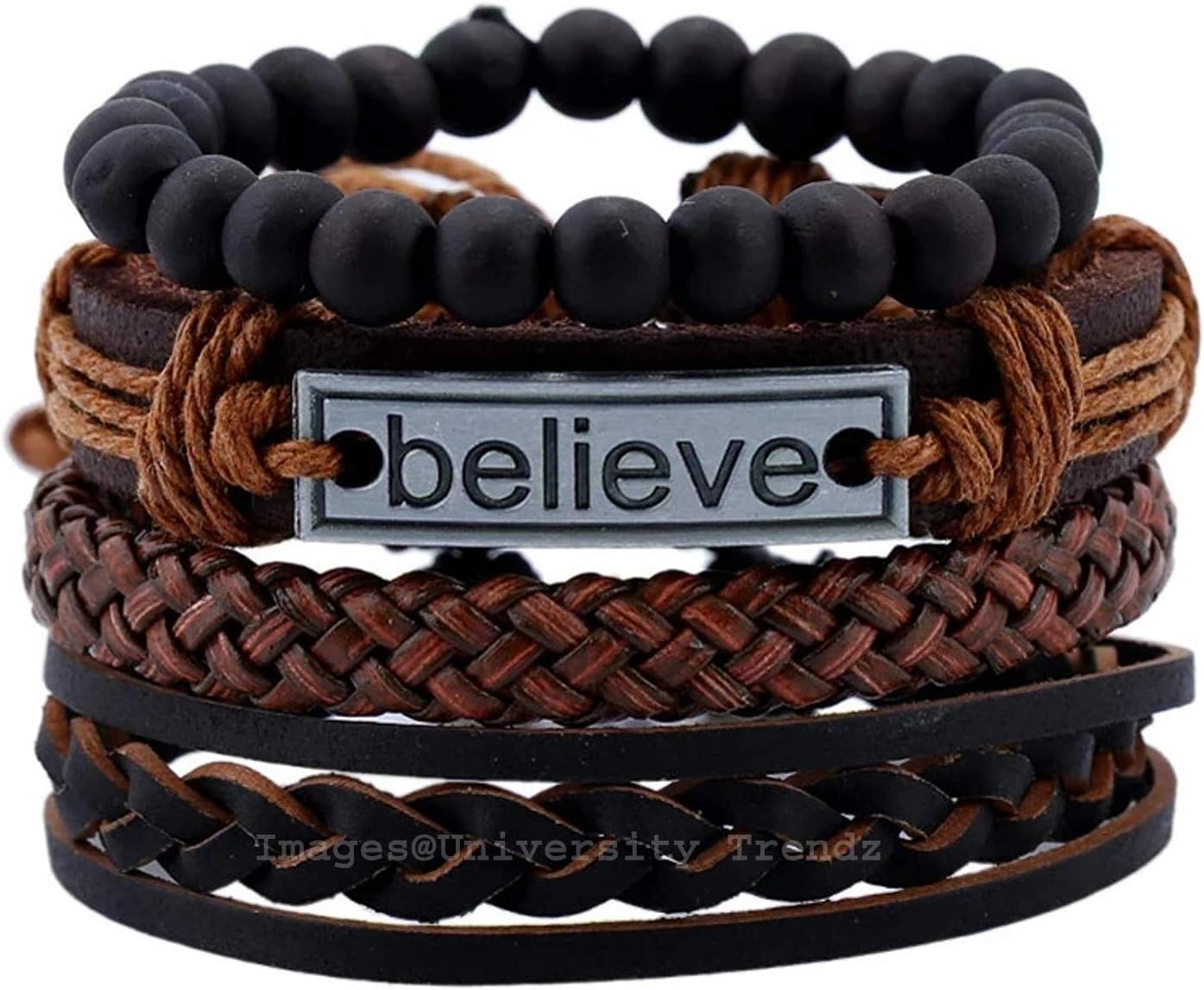 University Trendz Leather Natural Stone Beads Bracelet For Men (Pack of 4)