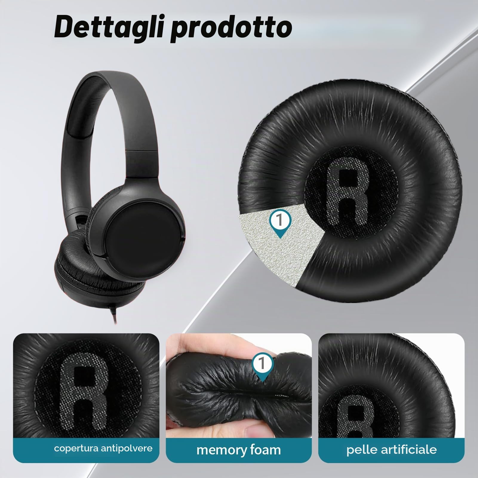 1 Paio Cuscinetti Cuffie e 1 Archetto di Ricambio per JBL Tune600 T500BT T450 T450BT JR300BT, (Non Compatibili con Tune600btnc) Copri Padiglioni Cuffie Universali 70mm con Memory Foam
