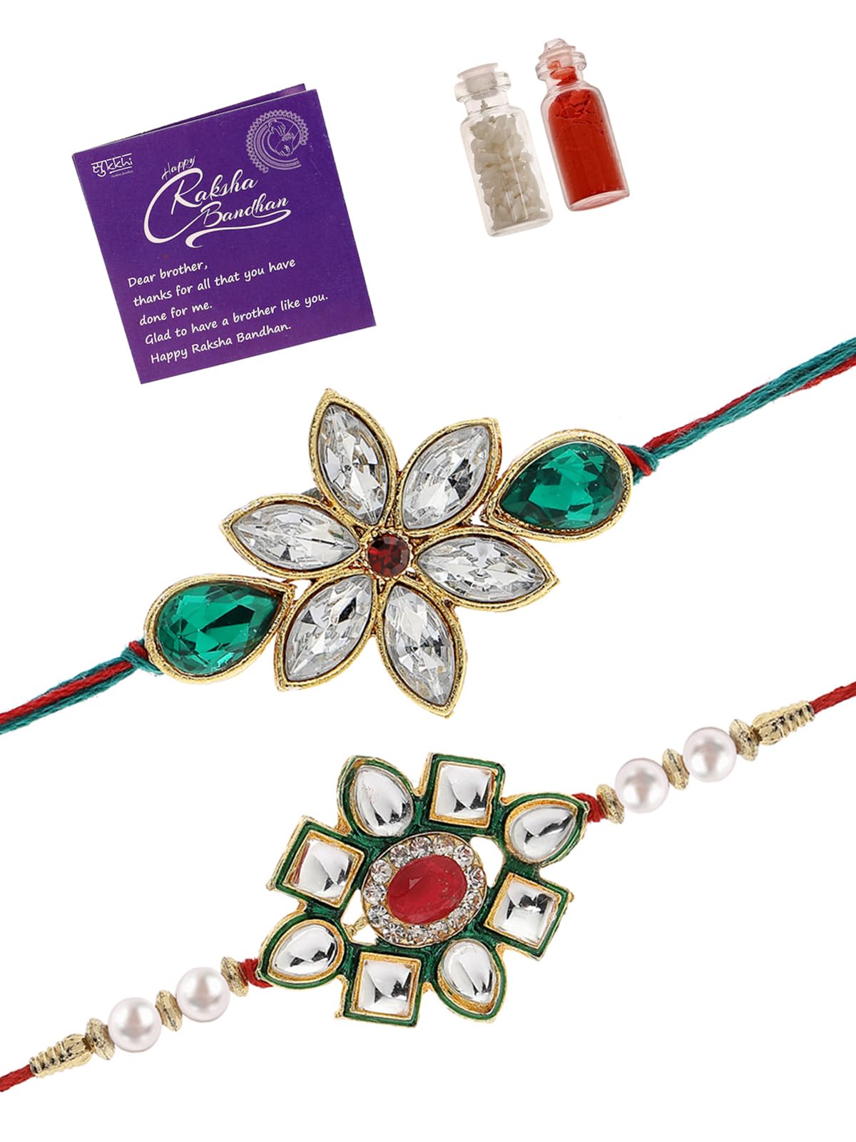 Sukkhi Rakhi Classical Kundan & Pearl Designer Green Meenakari Gold Plated Premium Rakhi for Brother With Roli Chawal & Greeting Card|Rakhi for Brother/Bhaiya/Bhai/Men|Rakhi Combo-Set of 2|CBRAK106948 (B0D6BYPJP7) Amazon Price History, Amazon Price Tracker