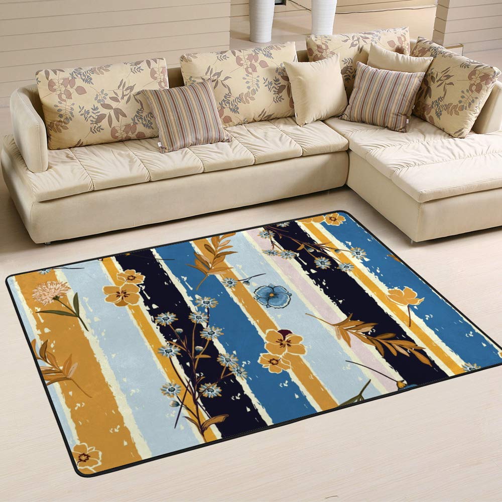 Tapis de taille moyenne fleurs jaunes et bleues en velours corail Ruchen