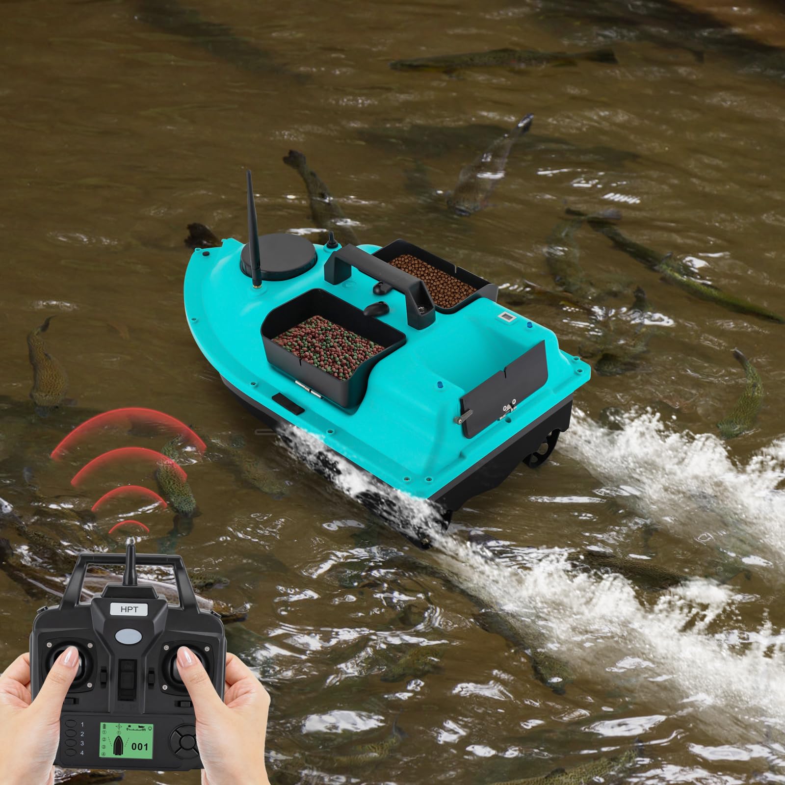 Barca per esche da pesca, 500 m, con 3 scatole per esche, 10000 giri/min, doppio motore 390, blu | Barca per esche con 2 batterie agli ioni di litio da 5200 mAh, schermo LCD, luci notturne, per fiumi, laghi e mari