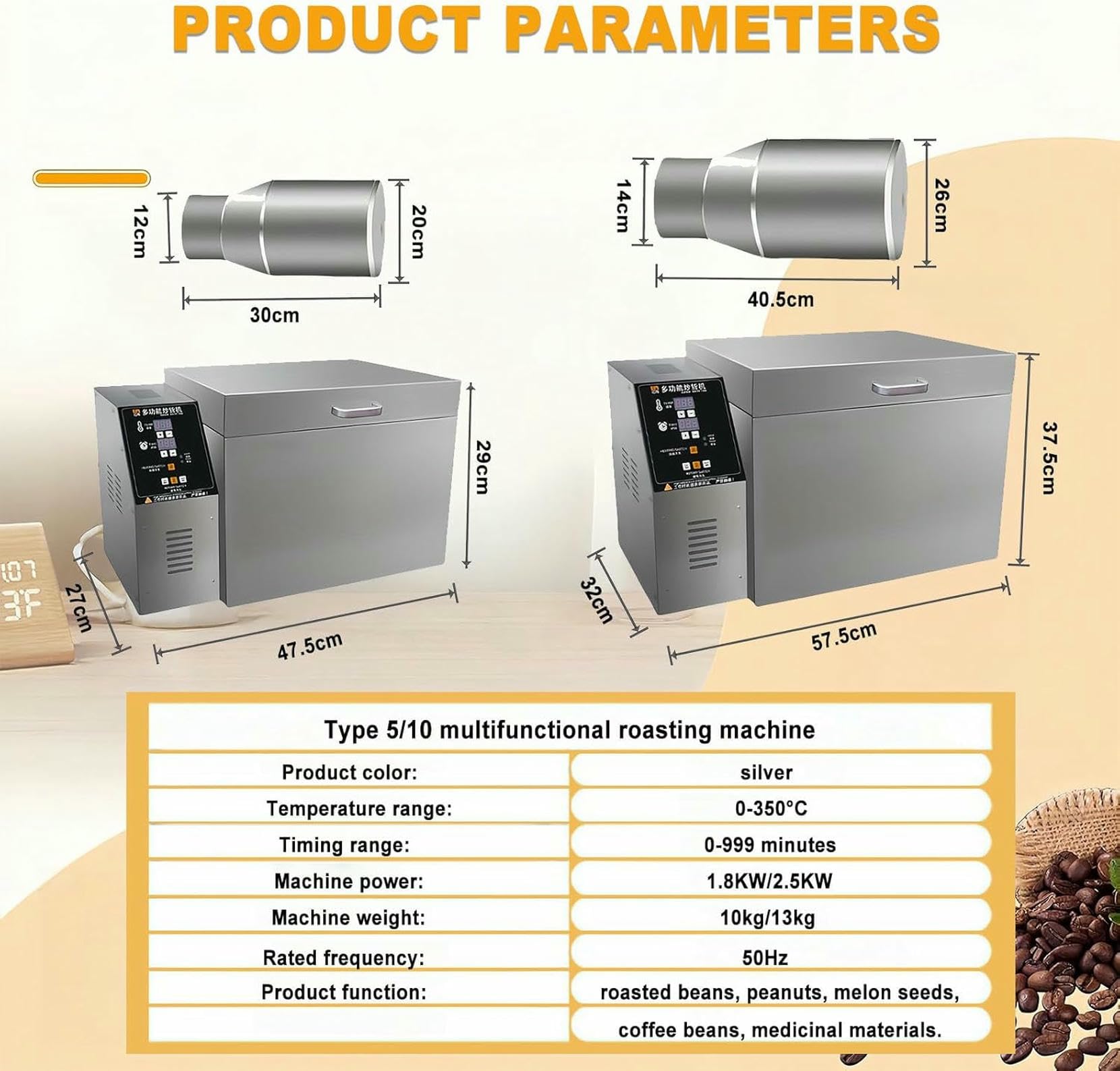 Elektrischer Kaffeebohnen-Röster, Kommerzieller 1800w / 2500w-Röster, Edelstahl-Multifunktions-Trockenfruchtröster, Verstellbare Temperatur, Gleichmäßiges Rösten. Typ 10