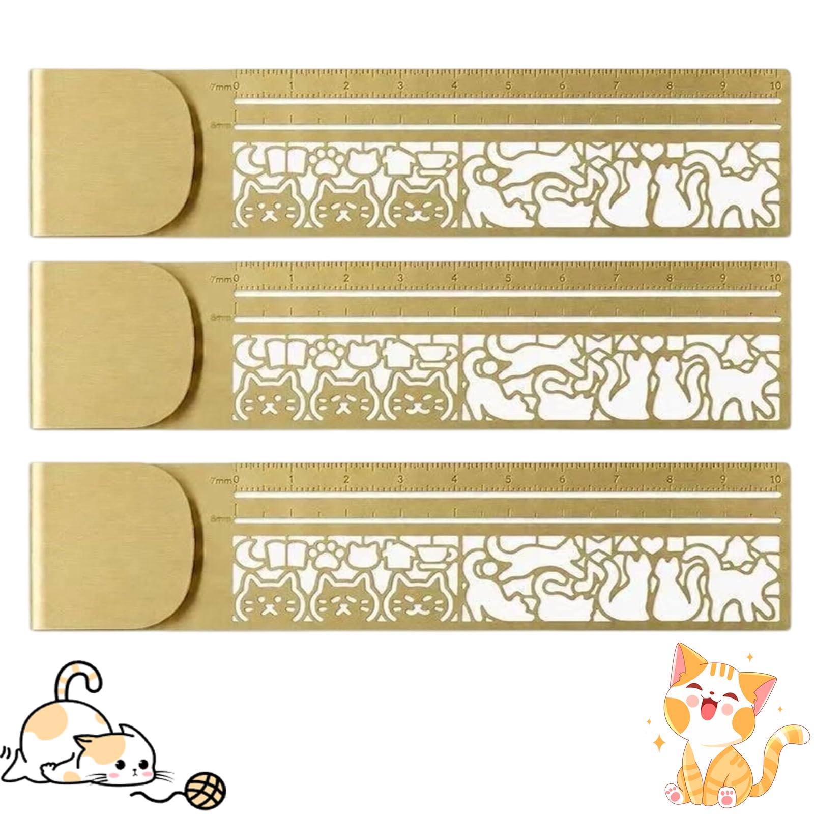 3PCS Cute Hollow Cat 2-in-1 Metal Bookmark Ruler, Metal Ruler Set