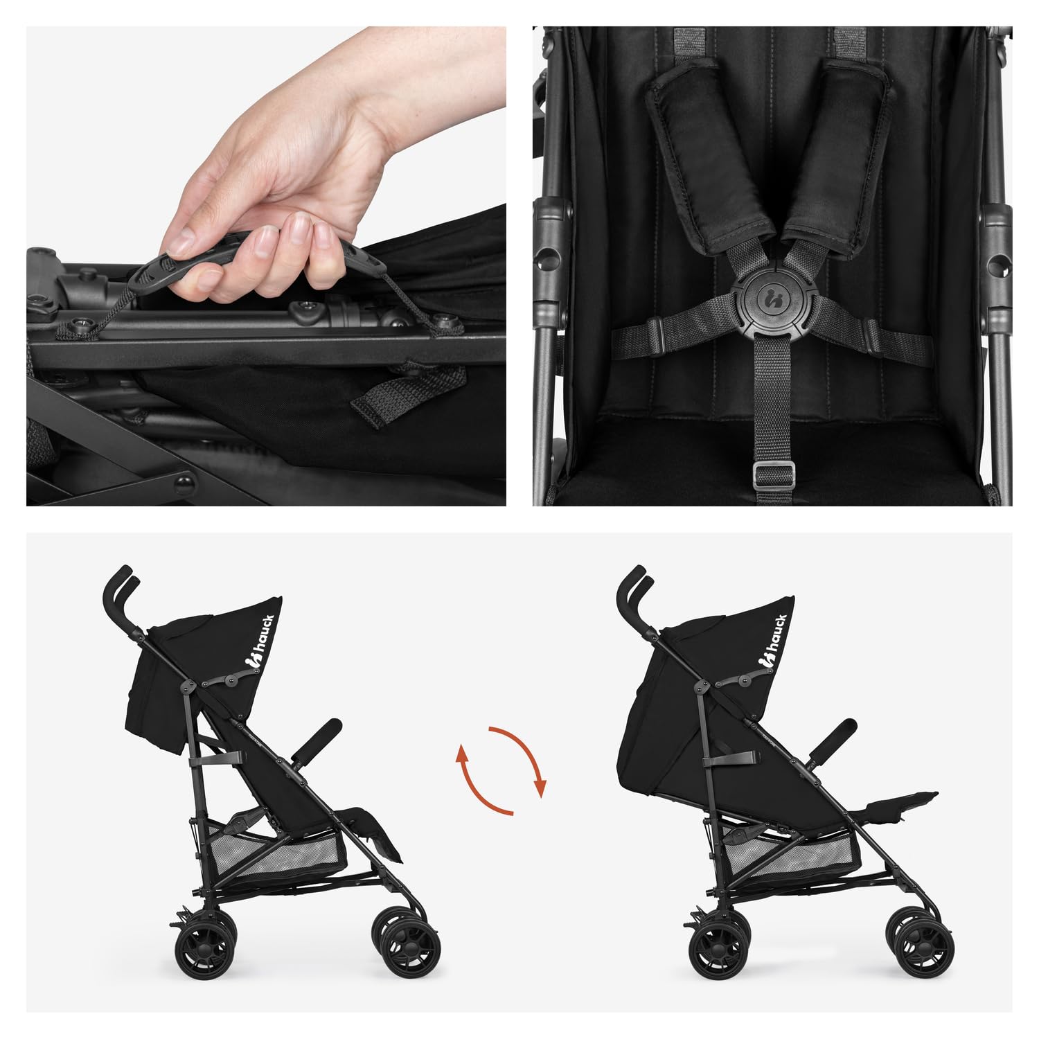 Hauck Fold N Care Poussette Canne Compacte Légère 7,6 kg 22 kg Dossier Inclinable Pliage Rapide UV 50+ Noir