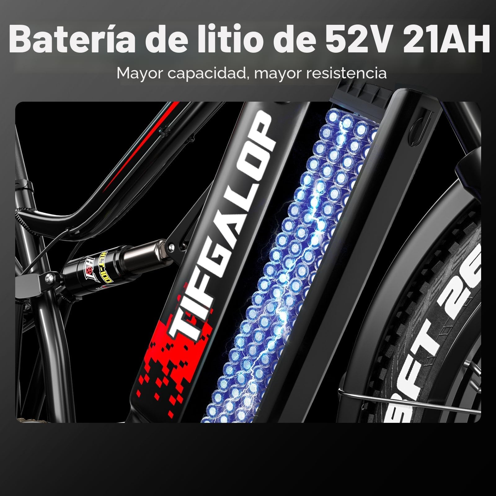 tifgalop Bicicleta eléctrica para Adultos, Bicicleta eléctrica Todoterreno de 26 Pulgadas, Doble absorción de Impactos, 7 velocidades, batería de Litio de 48V 18Ah, Alcance de hasta 45-90 km