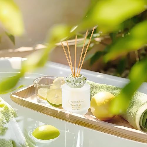 Miniatura 5 de COCORRÍNA Difusor de varillas de flores de yeso, aroma de lino limpio, aceite de 6.76 onzas con 8 varillas, fragancia de larga duración para el