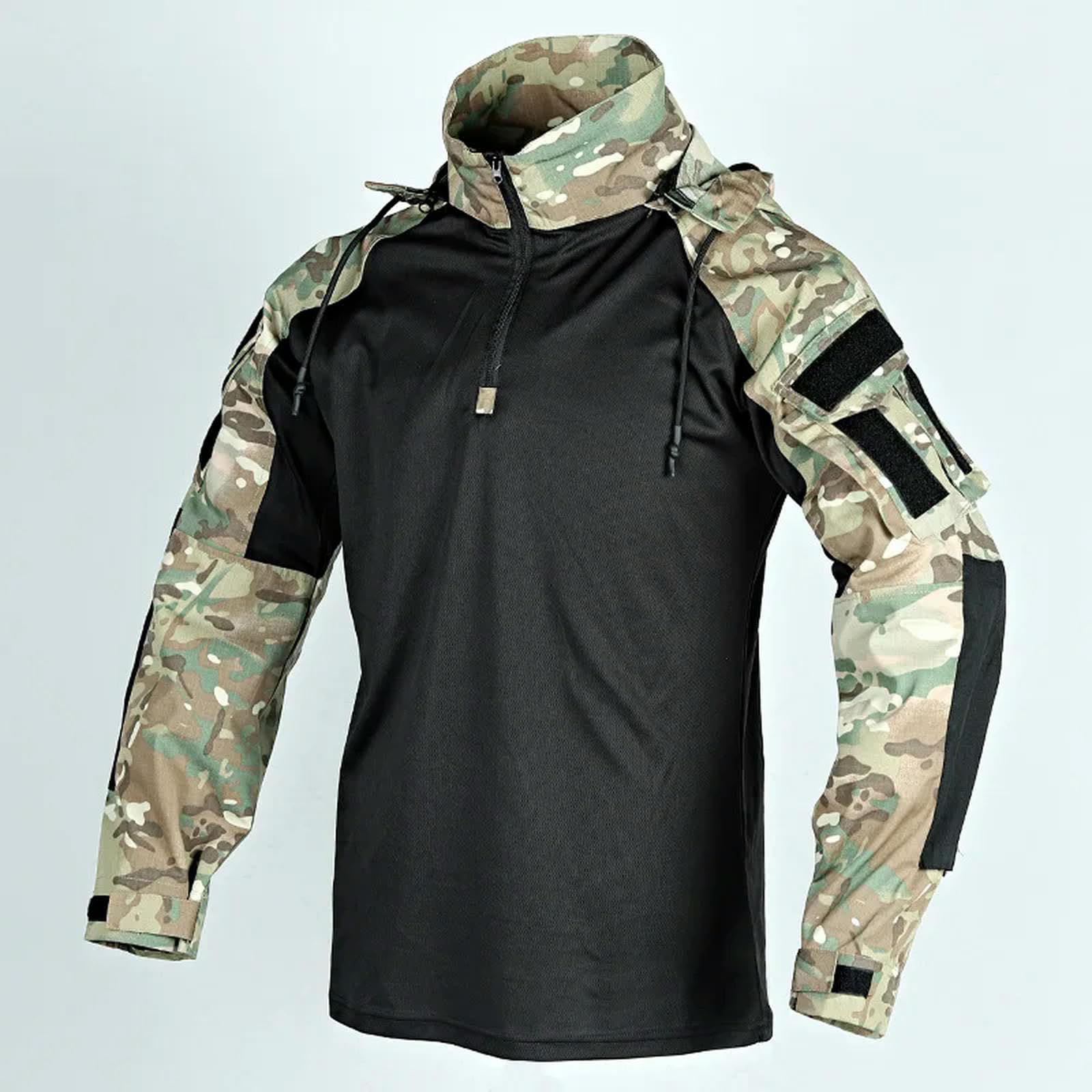 Camiseta de combate de camuflaje con capucha, resistente al desgaste, para hombre, airsoft, táctica, manga larga, paintball, camping, caza, ropa