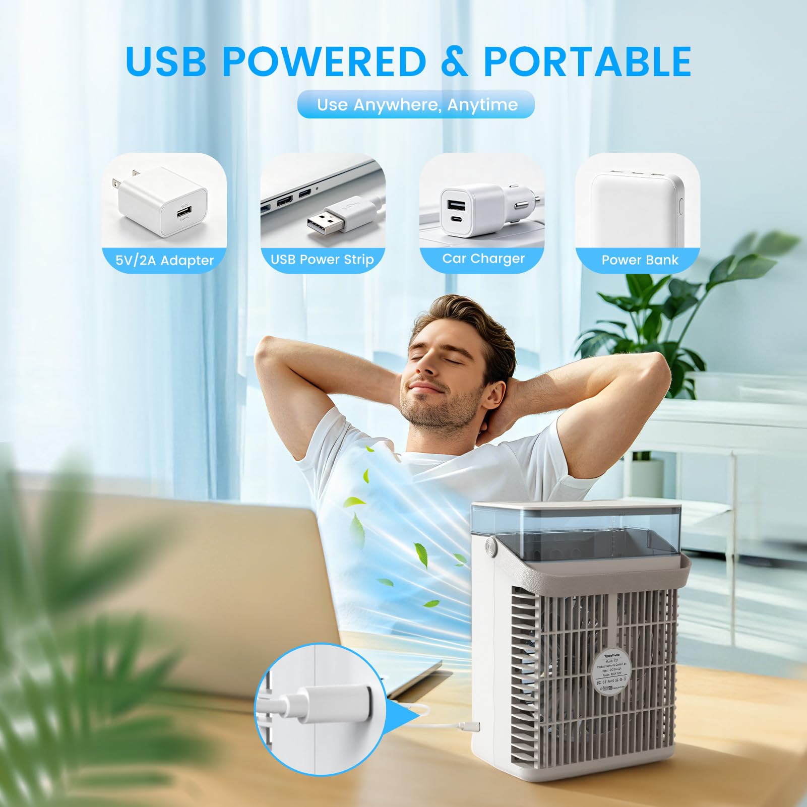 Tragbare Klimaanlagen, 4 in 1 Mini AC Klimaanlage mit 1000 ml Wassertank, 3 Geschwindigkeiten, 2 Nebelmodi, 2/4/8H Timer, Umgebungslicht, USB Verdunstungsluftkühler, Kühlventilator für Camping, Zimmer