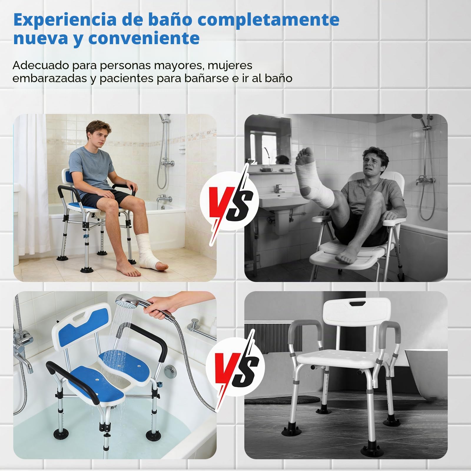 Silla de Ducha para Personas Mayores Silla de Ducha Plegable Reposabrazos y Respaldo Antideslizante, Altura Ajustable Capacidad de Carga de 150kg Silla de Baño con Diseño Cóncavo 3D