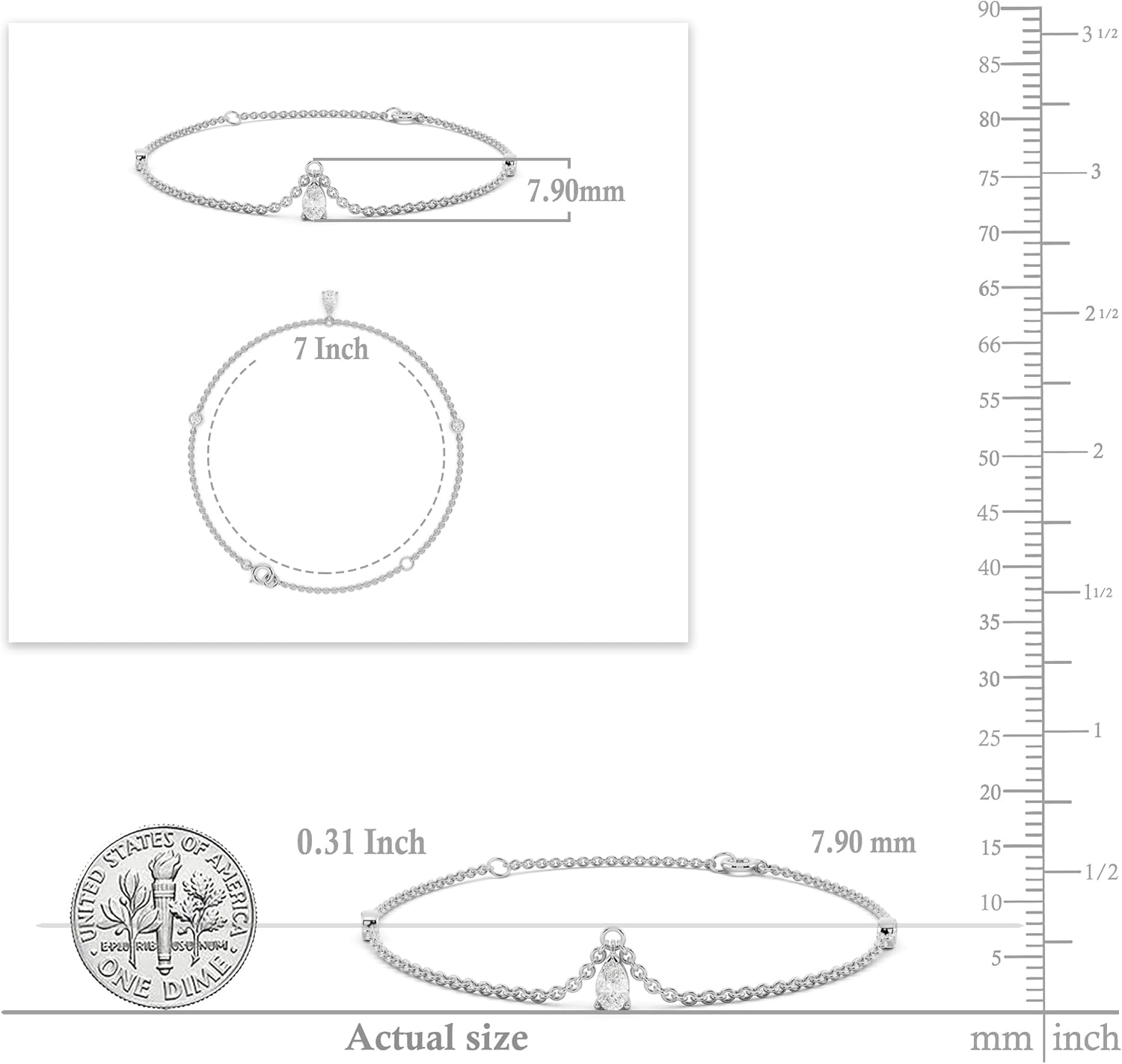 Dazzlingrock Collection 0.28 Cttw Pear & Round Lab Grown White Diamond Dew Drop Link Chain Bracelet for Her in 925 Sterling Silver