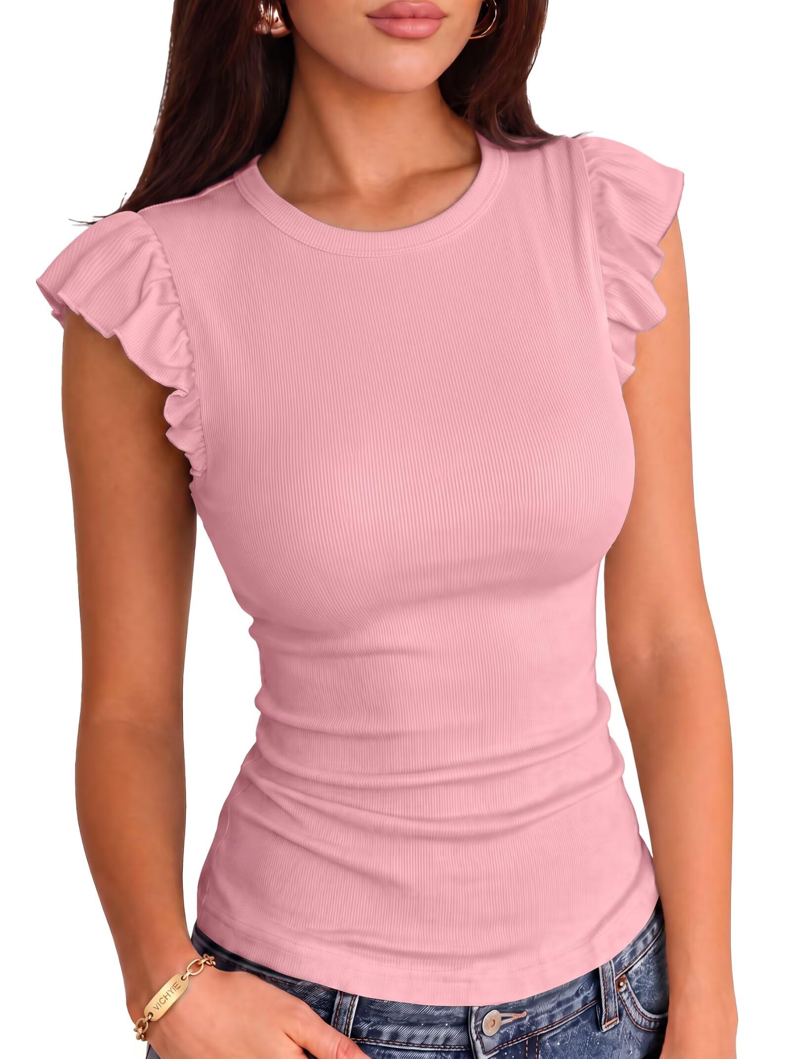 VICHYIE Summer Women Ruffle Cap Sleeve Pretty Fitted Shirt