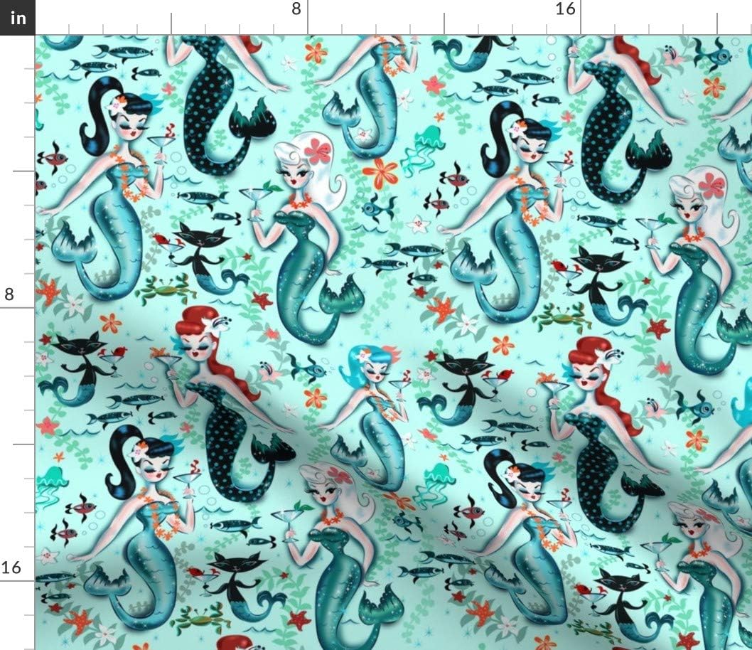 Spoonflower Fabric - Midcentury Mod, Mermaids, Martini, Retro, Cocktail, Aqua, Cat, Printed on Petal Signature Cotton Fabric by The Yard - Sewing Quilting Apparel Crafts Decor