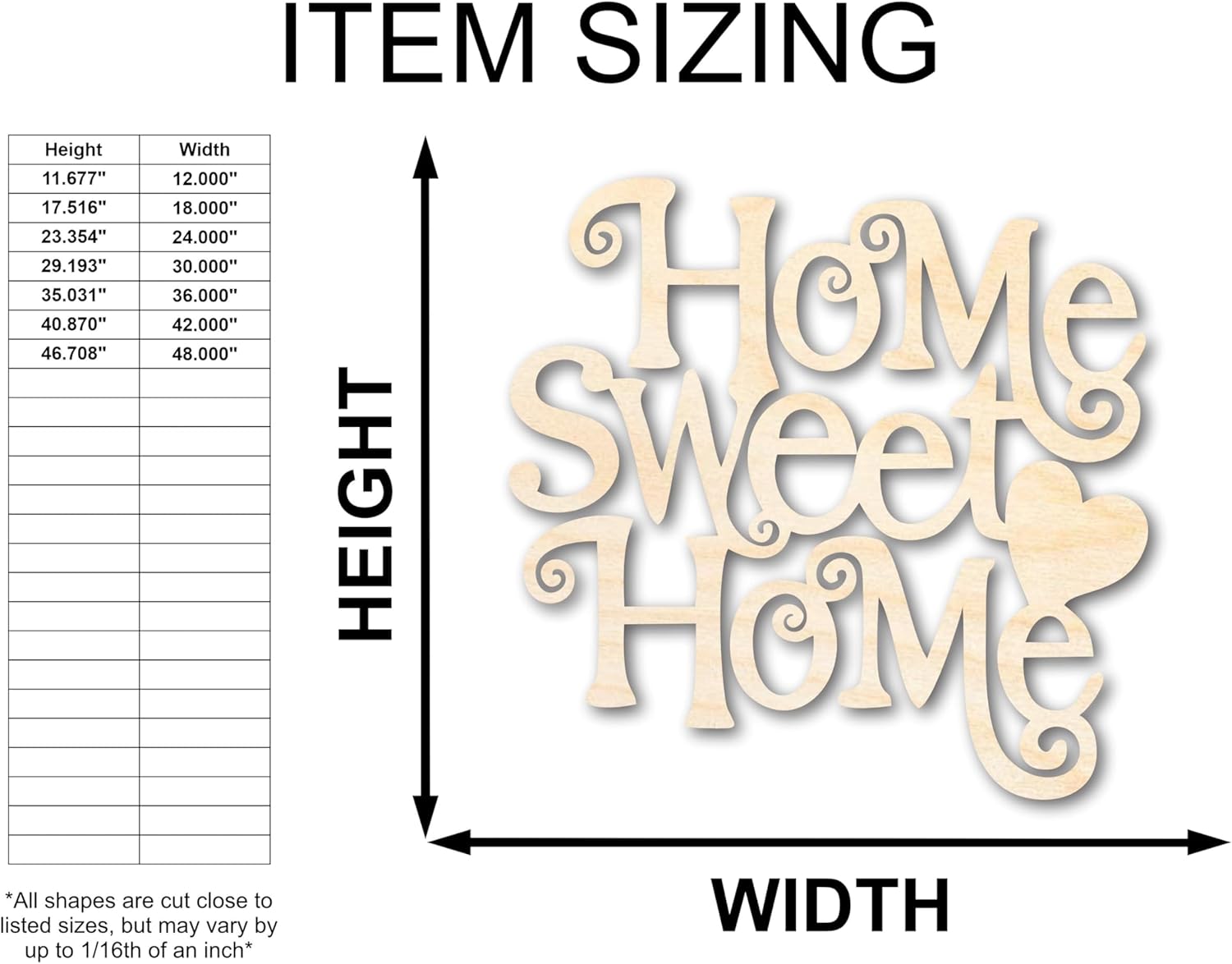Unfinished Wood Home Sweet Home Shape Word Craft up to 46" 24" / 1/4"