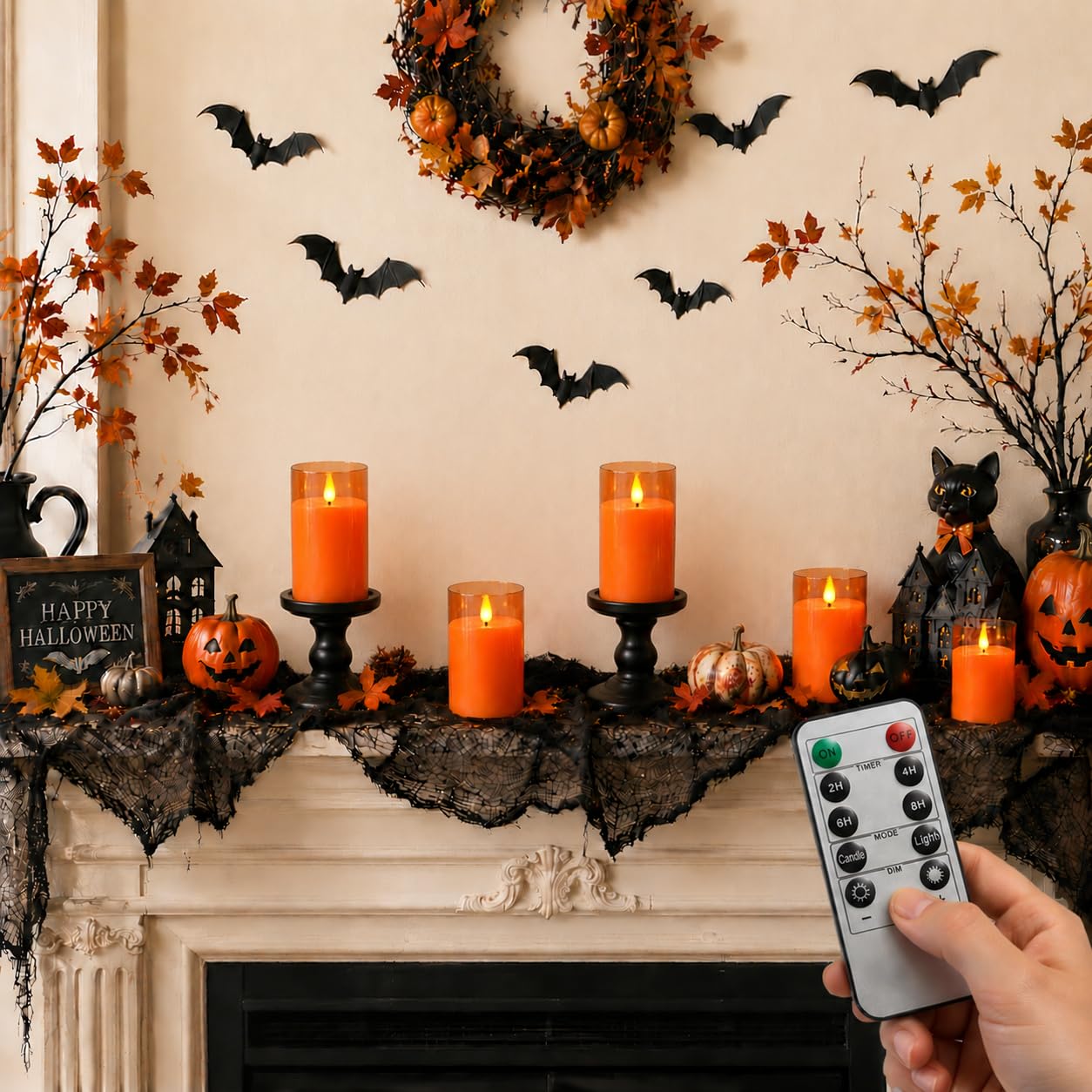 Fo32won Candele a pilastro a LED senza fiamma, a batteria, con timer remoto, confezione da 5 candele in acrilico tremolanti 3D per autunno, Halloween, Ringraziamento, Natale, decorazione per camino