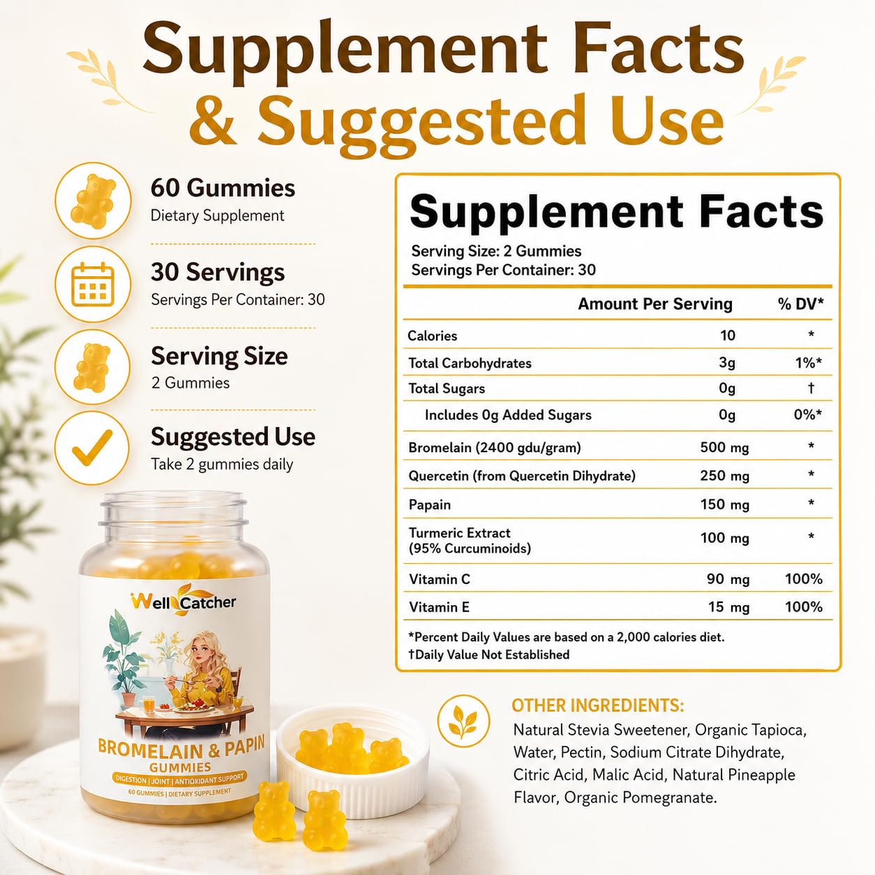 Bromelain & Papain Gummies, 500mg Bromelain with Papaya Enzyme, Quercetin, Turmeric, Vitamins C & E, Protein Digestion & After-Meal Digestive Support, Sugar-Free Vegan, Pineapple Flavor, 60 Count — Amazon image 7