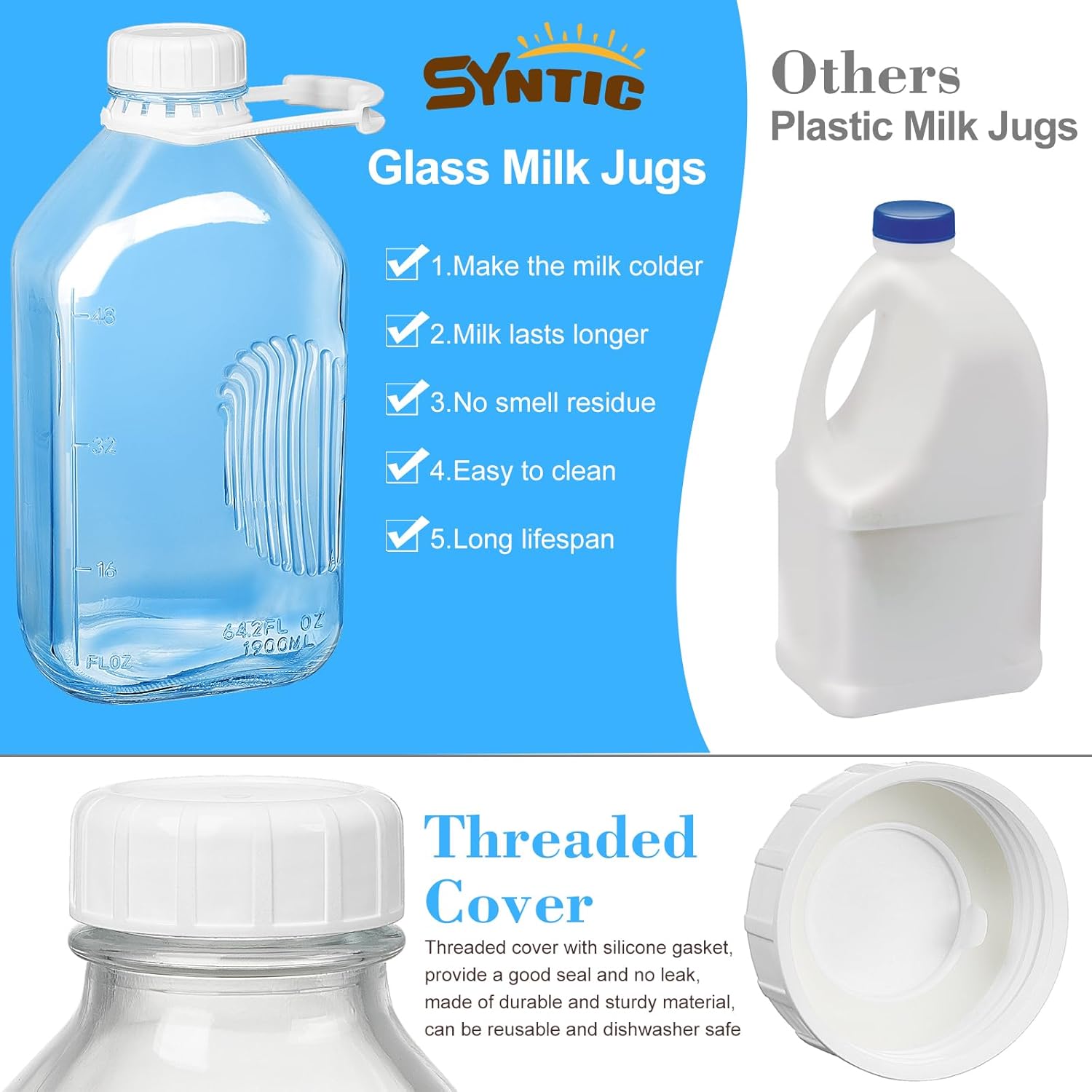 Syntic 2 Qt Glass Milk Bottle with Reusable Strong Airtight SCREW LID, 64 Oz Glass Juice Bottles for Almond Milk, Oat/Nut Milk- 0.5 Gal Water Bottle with 2 Exact Scale Lines, Extra Handle AND Cap! - Image 4