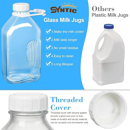 Miniatura 5 de Syntic - Botella de leche de vidrio resistente de 2 cuartos con tapa hermética reutilizable fuerte y hermética, botellas de vidrio de 64 onzas con 8