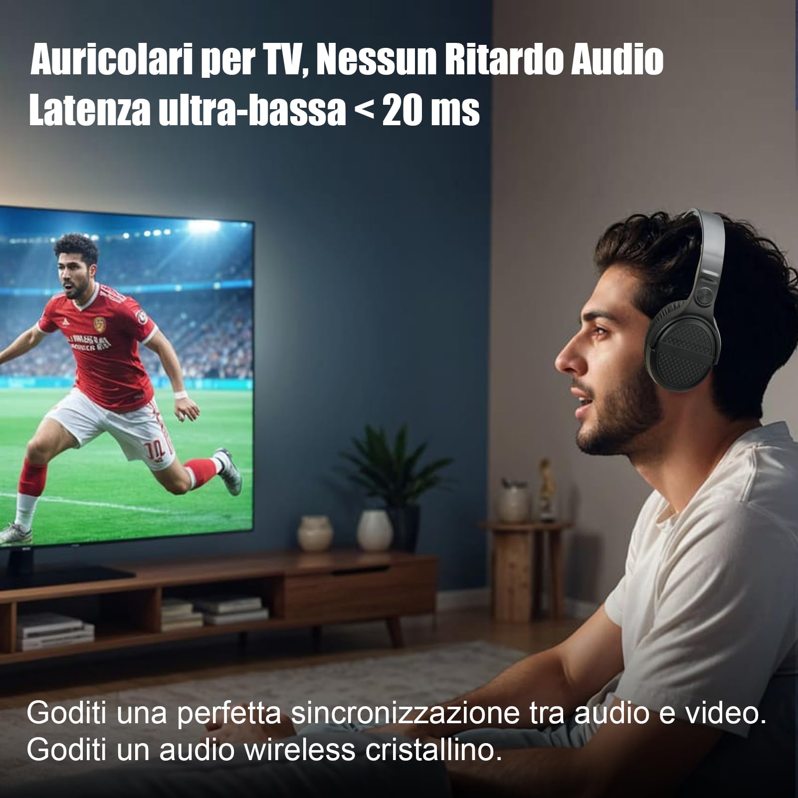 Cuffie TV Senza Fili con Base Trasmettitore di Ricarica, Cuffie Wireless per TV, Pulsanti Grandi e Amplificazione del Suono per Anziani, 20H di Autonomia, Cuffie Bluetooth Leggere e Confortevoli