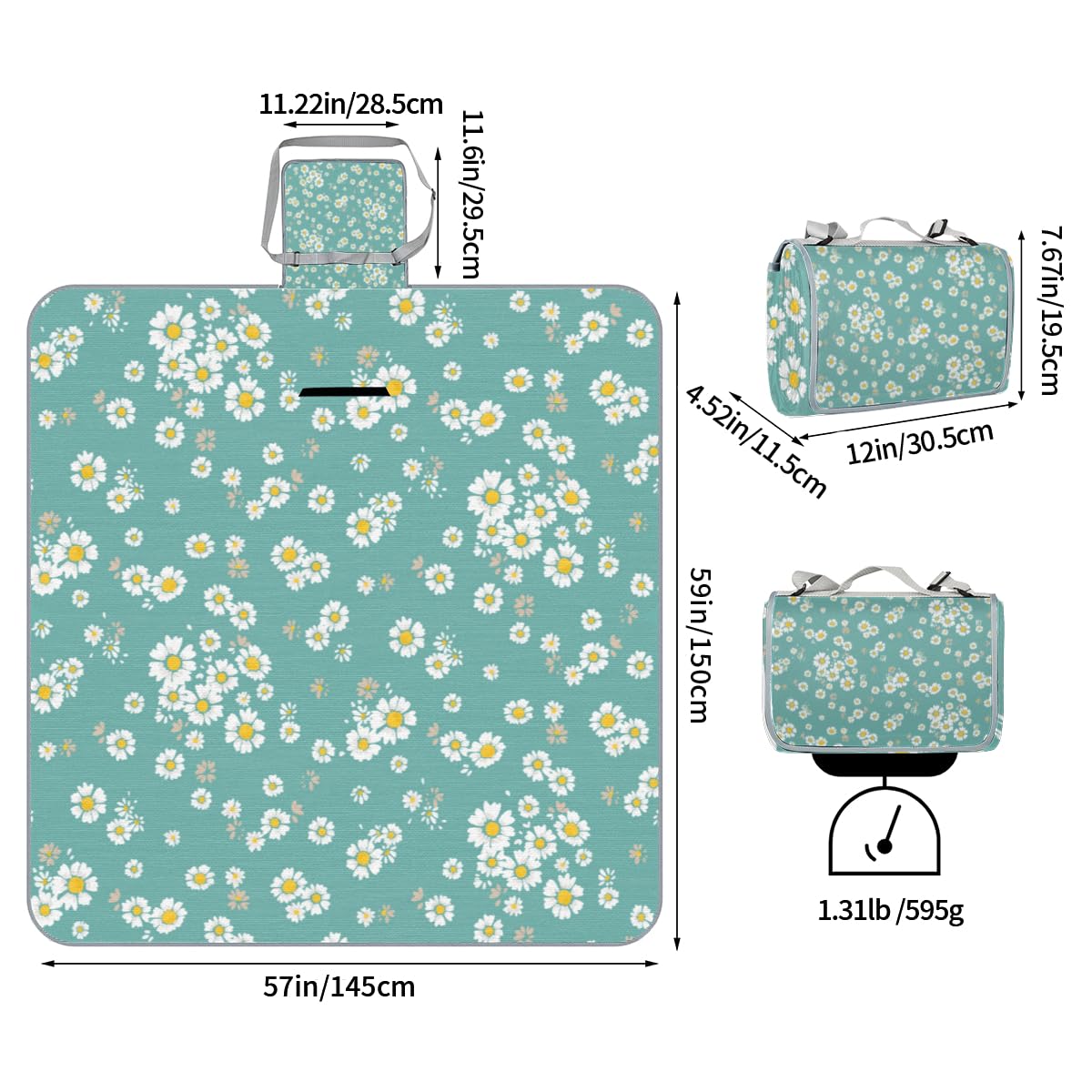 Shimoshe Picnic Blankets 57”x 59”, Small Daisies Waterproof Sandproof Picnic Mat Lightweight Foldable Beach Blanket for Camping Park Grass Beach Outdoor Blanket