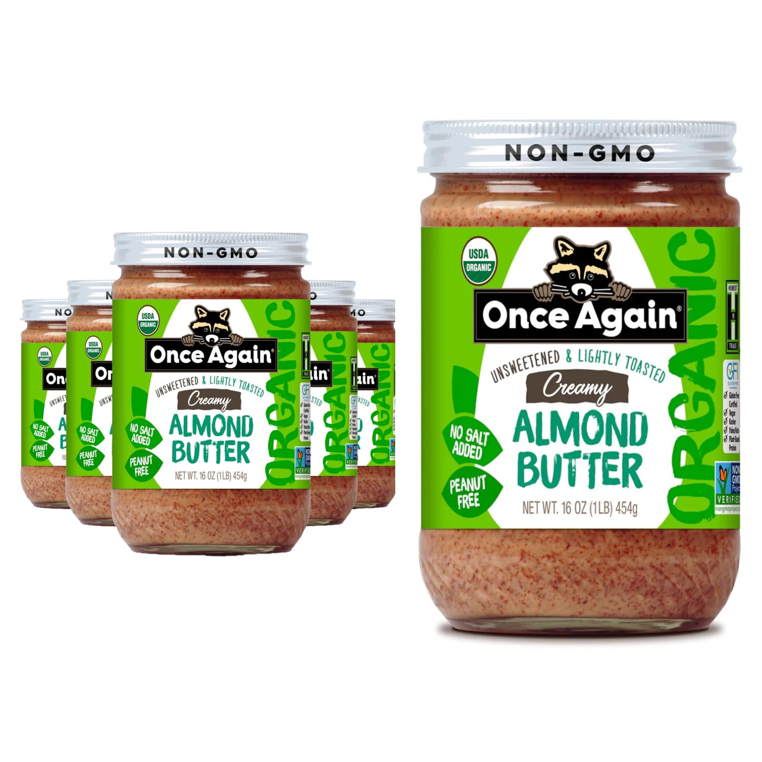Once Again Creamy Organic Almond Butter No Sugar, Lightly Toasted - Single Ingredient Nut Butter, No Palm Oil, No Salt - Glass Jar, Non-GMO, Gluten Free, Vegan (6-Pack, 16 oz Glass Jars)
