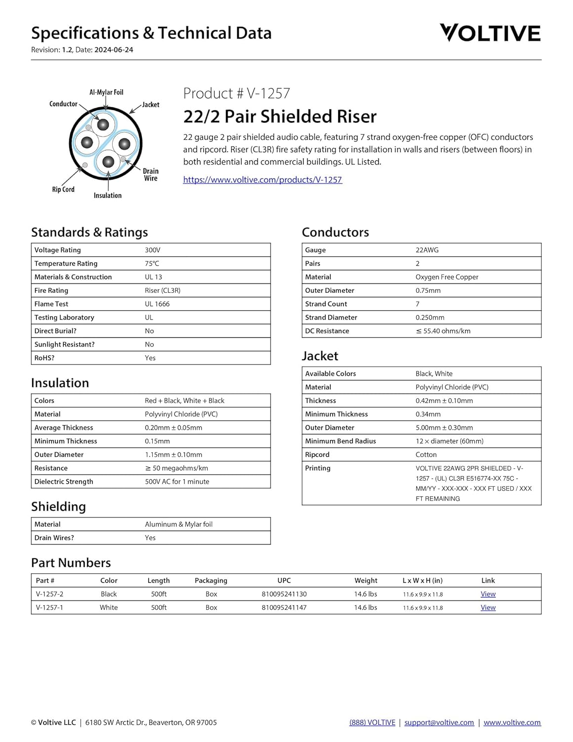 Voltive 22/2 Pair Shielded Low Voltage Wire, Riser CL3R, White, 500ft - 22AWG, 2 Shielded Twisted Pairs, Stranded Bare Copper, UL Listed - V-1257-1