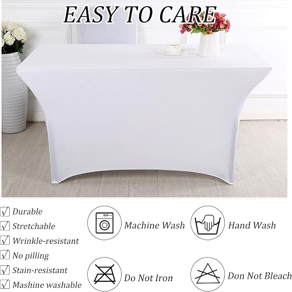 6FT Spandex Table Cover Table Cloth for Folding Tables Fitted Rectangular Tablecover Washable Wrinkle Resistant Polyester Stretch Tablecloth Protector for Wedding Banquet Party (12 Pack, White)