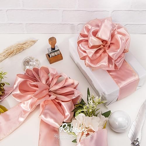 Miniatura 4 de Ribbli Cinta de satén rosa champán con alambre de 2.5 pulgadas, cinta de Navidad rosa champán para envolver regalos, coronas, guirnaldas, decoración