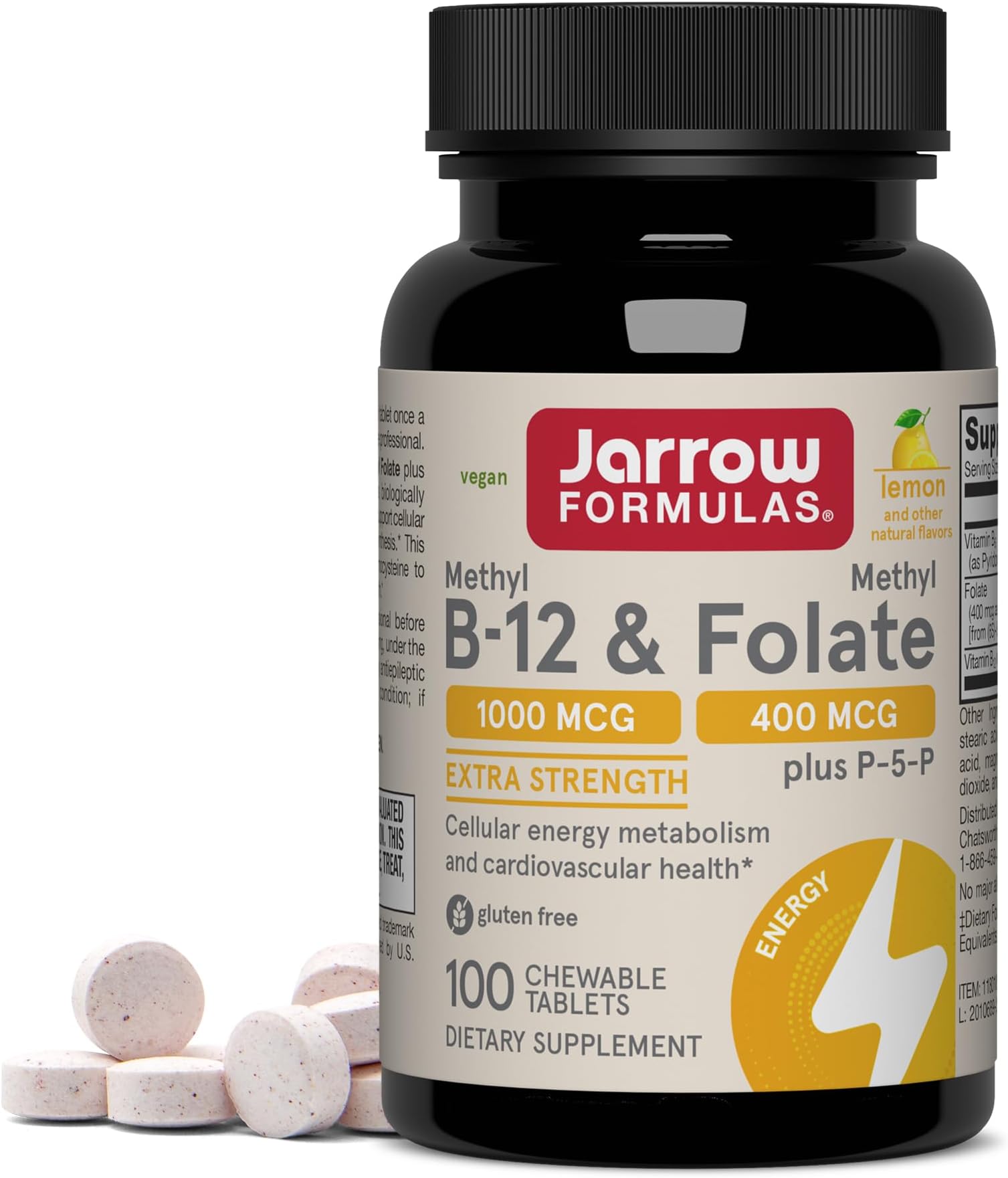 Jarrow Formulas Methyl B-12 & Methyl Folate, Bioactive Vitamin B9 & Vitamin B12 Supplement, Supports Cellular Energy Production, Healthy Brain Function & Metabolism, 100 Chewable Tablets, 100 Servings